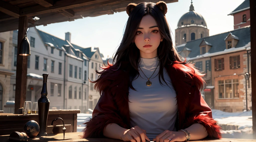 RAW, professional photograph, medium shot, photorealistic, realistic lights, realistic shadows, hyper-realistic, ray tracing, super detail, UHD, 8k, female, twenty years old, athletic body, soft facial features, long hair, straight hair, crimson hair, crimson eyes, bear fur coat, emerald necklace, winter, medieval town
