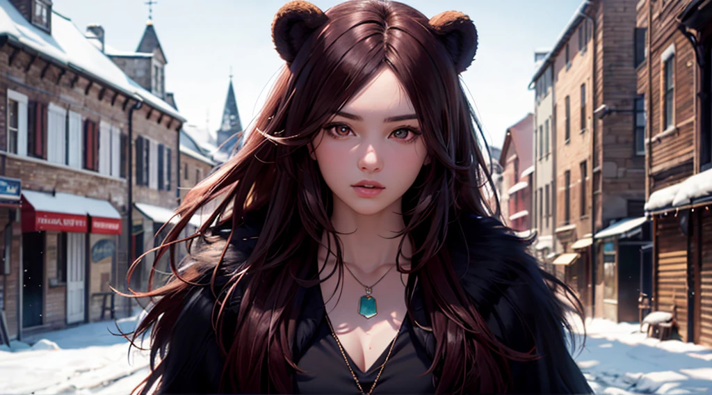 RAW, professional photograph, medium shot, photorealistic, realistic lights, realistic shadows, hyper-realistic, ray tracing, super detail, UHD, 8k, female, twenty years old, athletic body, soft facial features, long hair, straight hair, crimson hair, crimson eyes, bear fur coat, emerald necklace, winter, medieval town