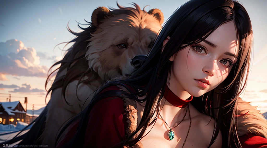 RAW, professional photograph, medium shot, photorealistic, realistic lights, realistic shadows, hyper-realistic, ray tracing, super detail, UHD, 8k, female, twenty years old, athletic body, soft facial features, long hair, straight hair, crimson hair, crimson eyes, bear fur coat, emerald necklace, winter, medieval town