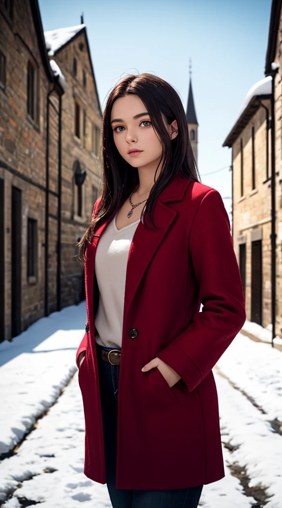 RAW, professional photograph, medium shot, photorealistic, realistic lights, realistic shadows, hyper-realistic, ray tracing, super detail, UHD, 8k, female, twenty years old, athletic body, soft facial features, long hair, straight hair, crimson hair, crimson eyes, bear fur coat, emerald necklace, winter, medieval town