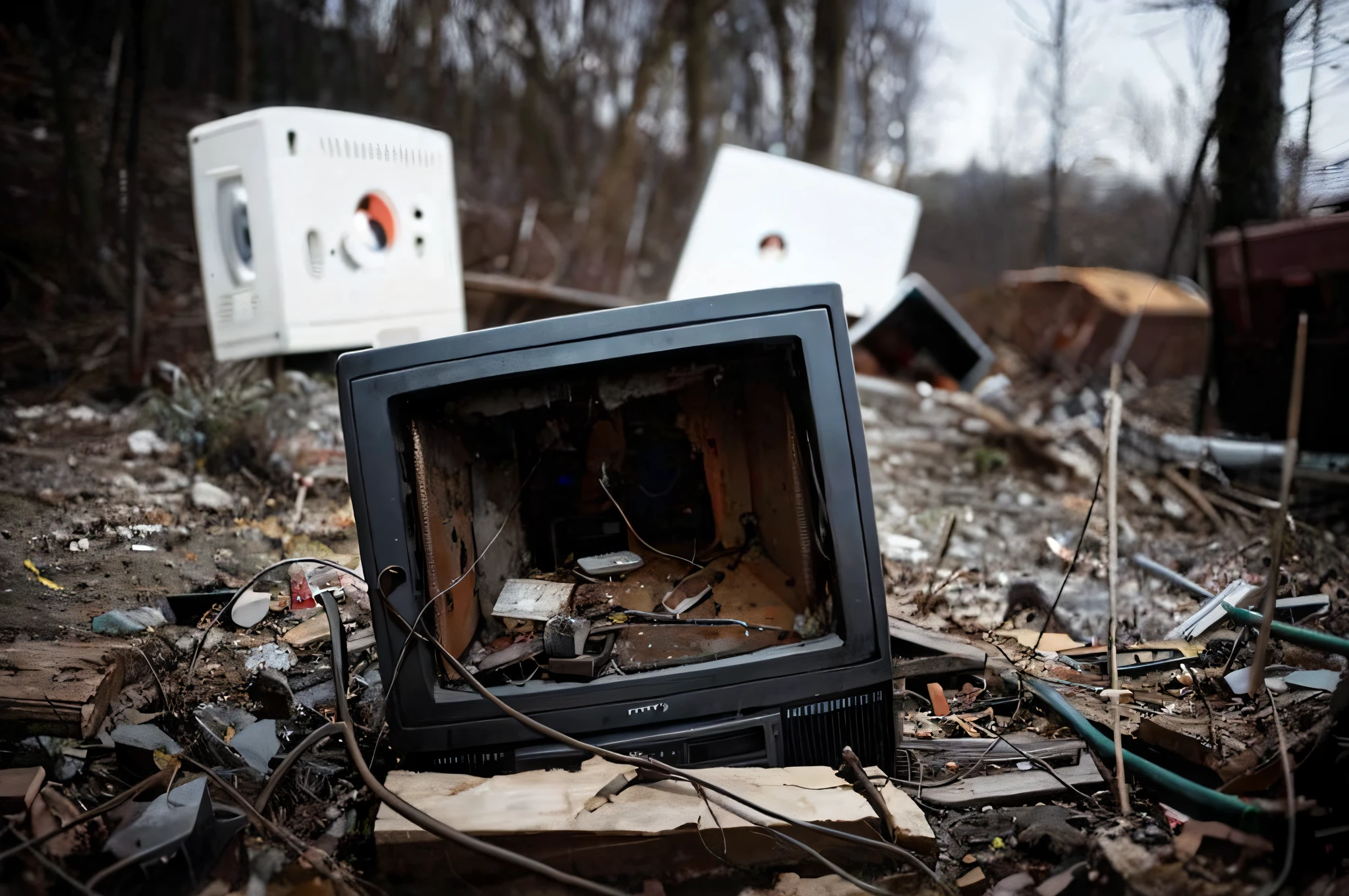 there&#39;s a television on the forest floor, TV quebrada, wrecked technology, Long-lost technology, Tecnologia extinta, escombros, Pertences espalhados, Variedade de televisores CRT, Television, media art, old tv and radio hardware, Uma TV antiga, Remains of destroyed robot dogs, tv lixo, Foto: AP, lixo, television still, fotografia de desastres