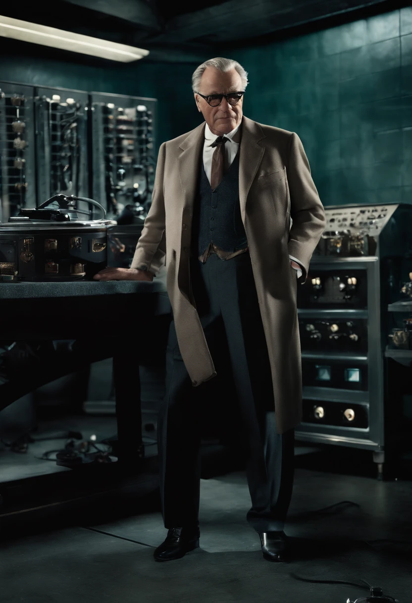 An image of Alfred standing in the Batcave, preparing a new gadget for the Batmobile.,Batman,Alfred is 60 years old man, very fit, trimmed hair, wearing suit and bow tie and dress shoes. He’s always shaved with salt pepper hair , male