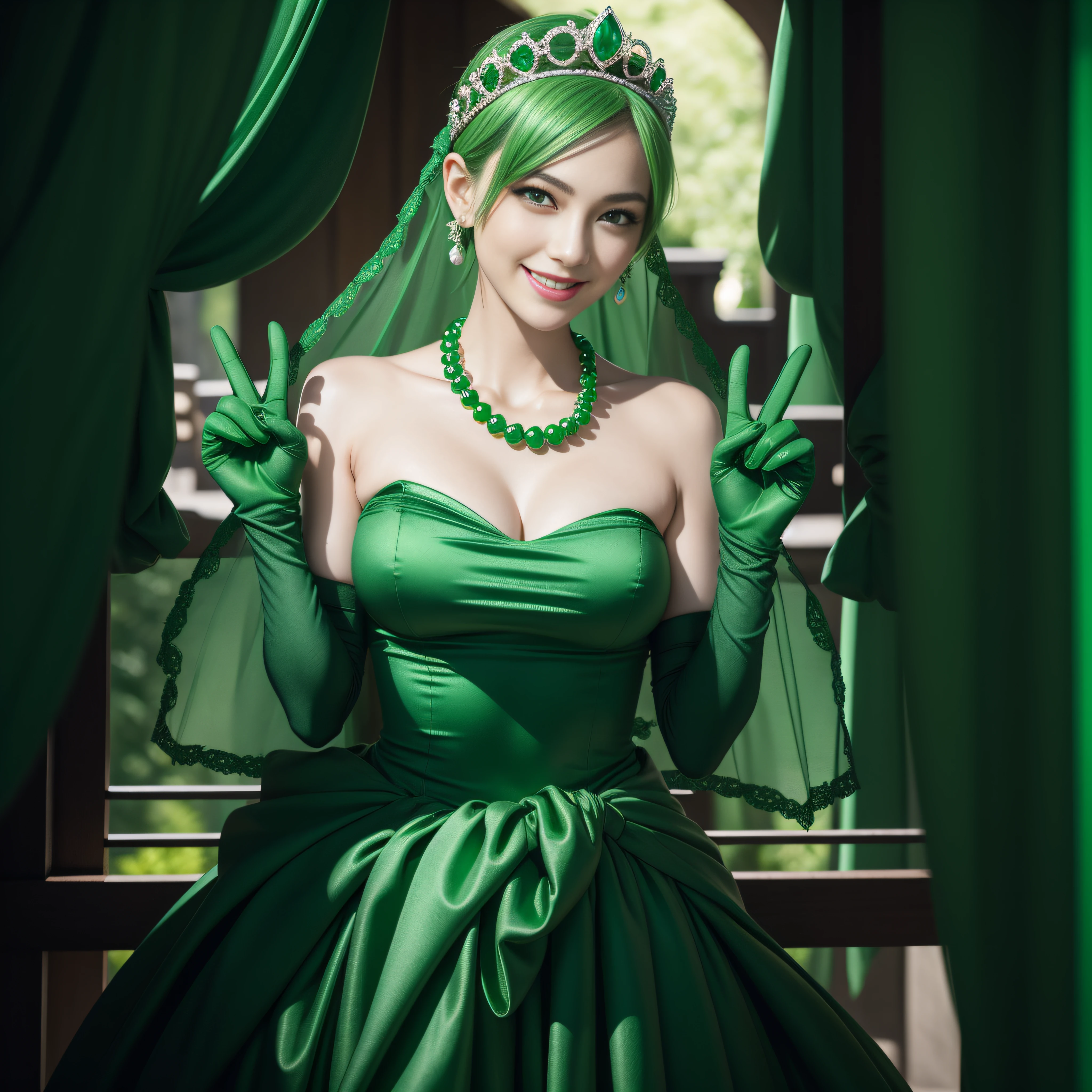emerald tiara, Green Pearl Necklace, Boyish very short green hair, lipsticks, Japan woman smiling, very short short hair, big breasts beautiful, Green eyes, Long green gloves made of satin material, Green eyes, Emerald Earrings, green vale, v sign