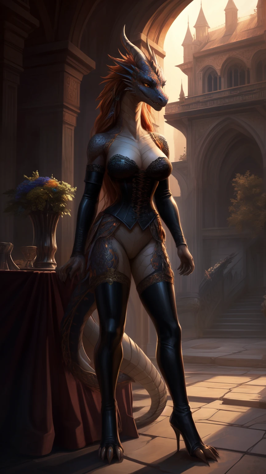 uploaded on e621, by Pixelsketcher, by Bayard Wu, by Thomas Benjamin Kennington , by Einshelm, solo anthro, ((full length, General plan)), BREAK, ((concentration)), (detailed Bonifasko lighting), (Detailed scales), (detailed skin), (Colorful Dragon, Colorful Dragon, Colorful Dragon), BREAK, ((Dragon's hiss)), ((NSFW)), ((Long, Graceful multi-colored tail)), (flowing ginger hair)), ((Detailed background)), ((in full height)), (((Type of faces))), (half body shadow), [Backlighting], [crepuscular ray], [Detailed ambient light], [gray natural lighting], [Ambient light],  [explict content], [sharp-focus], (Questionable content), (shaded), ((Masterpiece), hiss, With their own hands;, flowing long hair, Chest of medium scales, Fluffy multi-colored dragon, Dragon Face, furry fantasy art, Furry art, commission for high res, anthro art, Art,Sakimichan is beautiful, Masterpiece, Best Quality, Detailed image, Bright colors, Detailed Face, perfect  lighting, Perfect shadows, Perfect eyes, focus on girl, dragon eyes, flawless face, (( Graceful multi-colored tail)) dragon, light skin, Dragon Girl, scalie, Scaly Women, Dragon's nose, Large long muzzle, Multi-colored scales, gaze at the viewer, half closed eyes, 独奏, (Masterpiece), (Best Quality), (illustartion), Long hair, Detailed scales, Balanced coloring, Global Illumination, Ray Tracing, good lighting, scales, anthro, Showing breasts, cleavage, looking a viewer, seductive gaze, NSFW, (A higher level of medieval interior), ((shapely body, elegant clothing, long slim legs, long neck)), ((chic shiny high black boots, stocklings, corset tightens bulging breasts, lace panty)), ((medieval bordel, Rich furnishings, characters in the background))