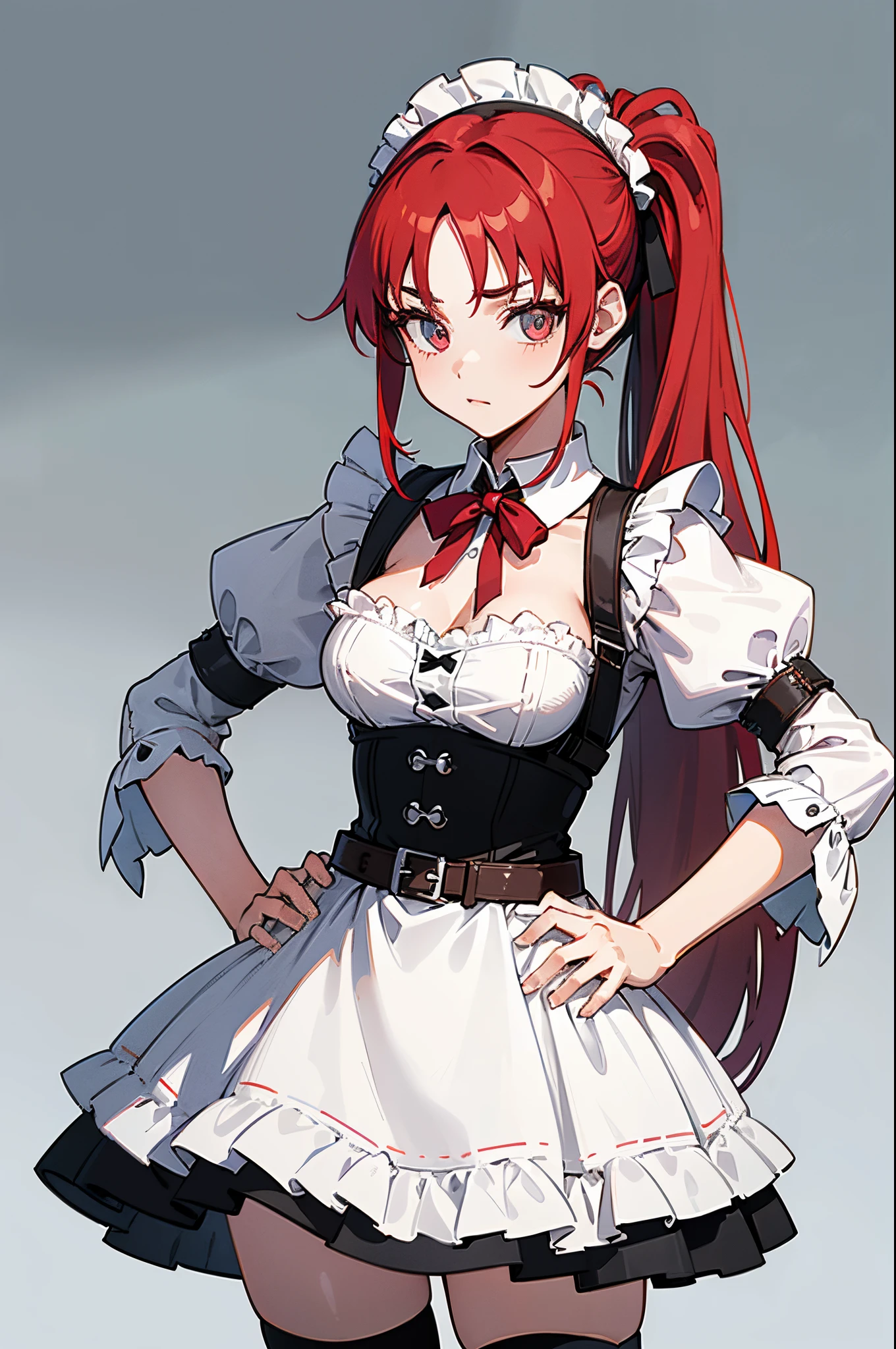 masterpiece, best quality, sharp focus, absurdres, ++ 1girl, solo, fantasy, maid outfit, cassical maid, victorian fashion, ((belts)), red hair, twin ponytails, very long hair, straight hair, thighhighs, medium breasts, looking at viewer, upper body, close-up, (hands on hips)