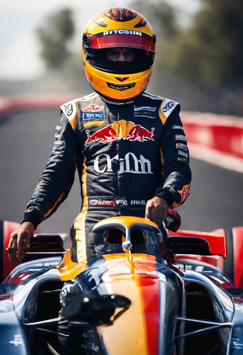 A photo of Sterling stepping out of a luxury sports car, wearing a sleek racing suit and holding his helmet, with the roaring crowd and the racetrack in the background.,original,Max “Velocity” Sterling, a fictional Formula One champion, is the epitome of speed and charisma on the racetrack. With a sharp, athletic build, his appearance is as flashy as his driving style, often seen in custom racing gear emblazoned with bold logos and his trademark lightning symbol. His hair is styled with the same carefree audacity that he shows behind the wheel, and his confident, roguish smile has made him a heartthrob in the international racing scene. , male