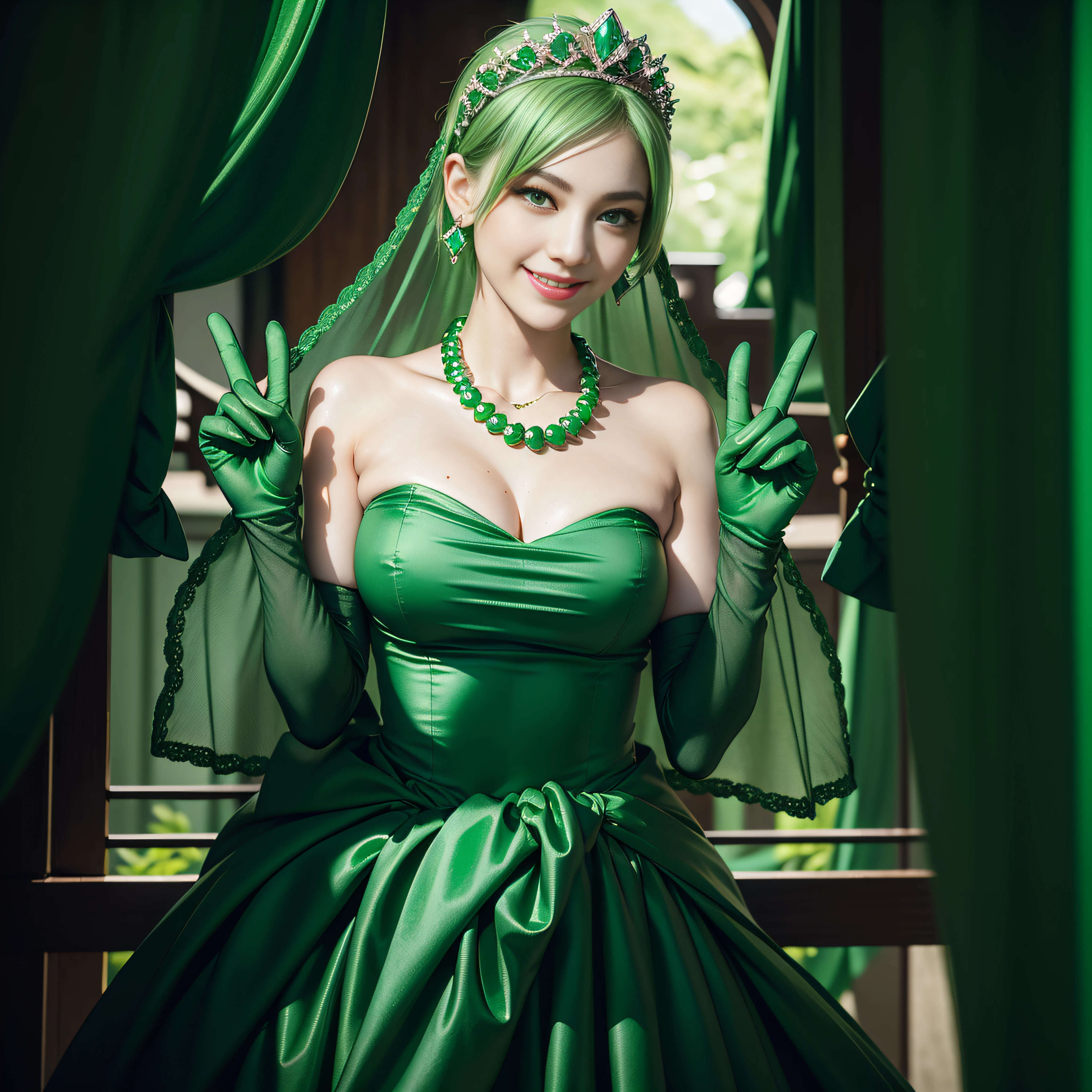 emerald tiara, Green Pearl Necklace, Boyish very short green hair, lipsticks, Japan woman smiling, very short short hair, big breasts beautiful, Green eyes, Long green gloves made of satin material, Green eyes, Emerald Earrings, green vale, v sign