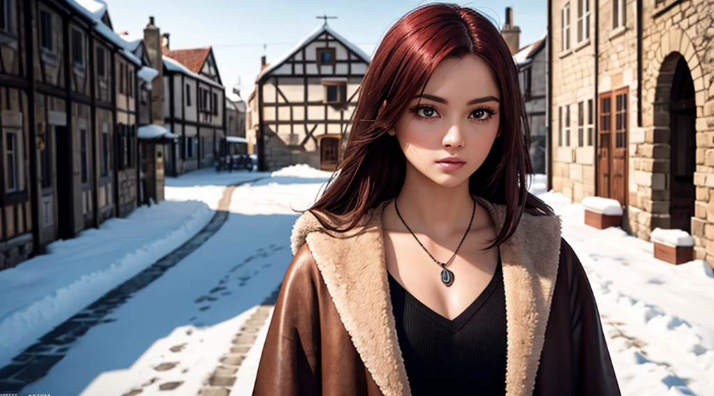 RAW, professional photograph, medium shot, photorealistic, realistic lights, realistic shadows, hyper-realistic, ray tracing, super detail, UHD, 8k, female, twenty years old, athletic body, soft facial features, long hair, straight hair, crimson hair, crimson eyes, bear fur coat, emerald necklace, winter, medieval town