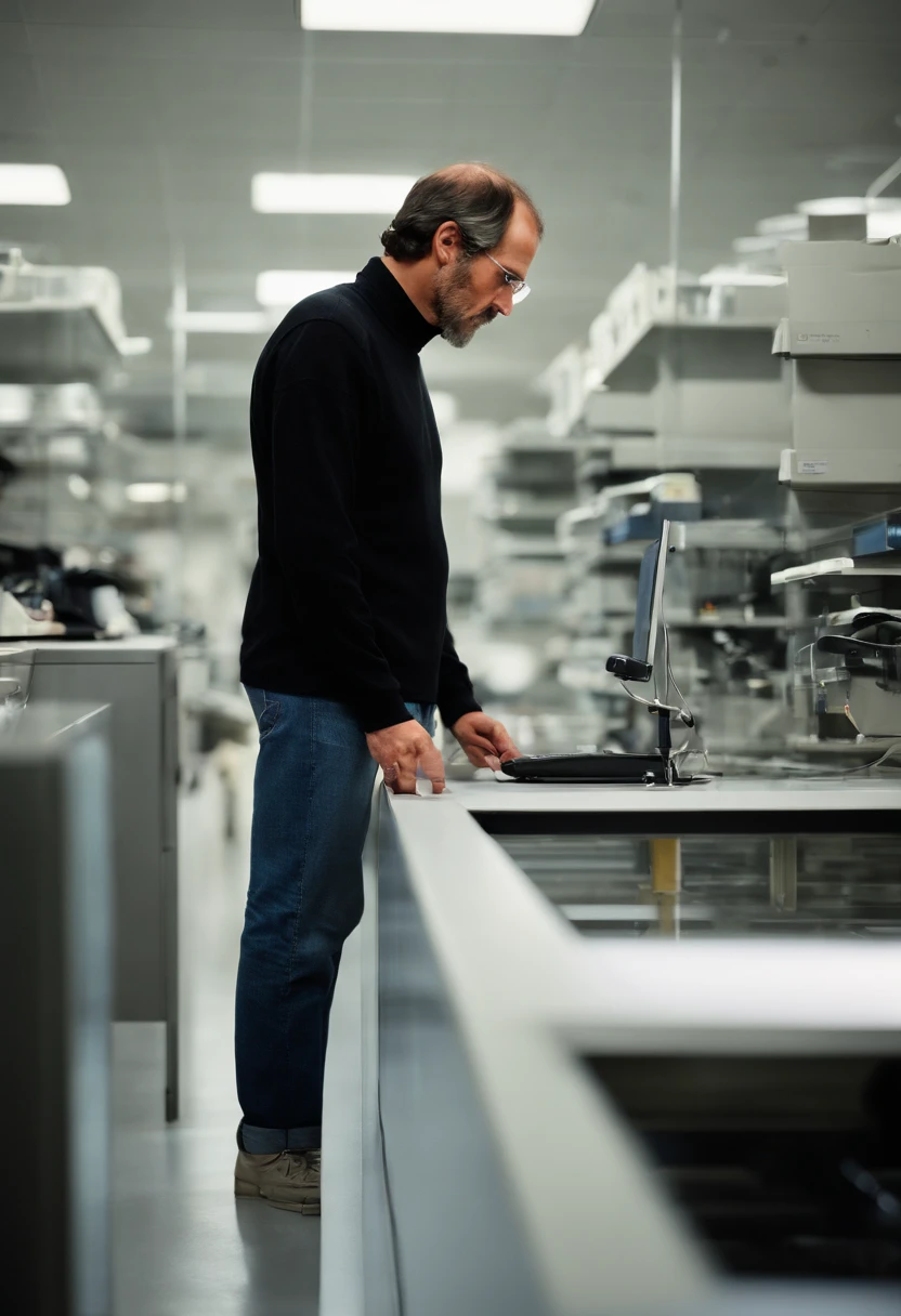 A photo of Jobs meticulously examining a prototype of the latest Apple product in a dimly lit, high-tech lab,original,Steve Jobs, the co-founder of Apple Inc., was known for his signature style: a black turtleneck, blue jeans, and New Balance sneakers, creating a minimalist and iconic image. He had a slender build and an intense, penetrating gaze, often accompanied by a contemplative or fiercely determined expression., male