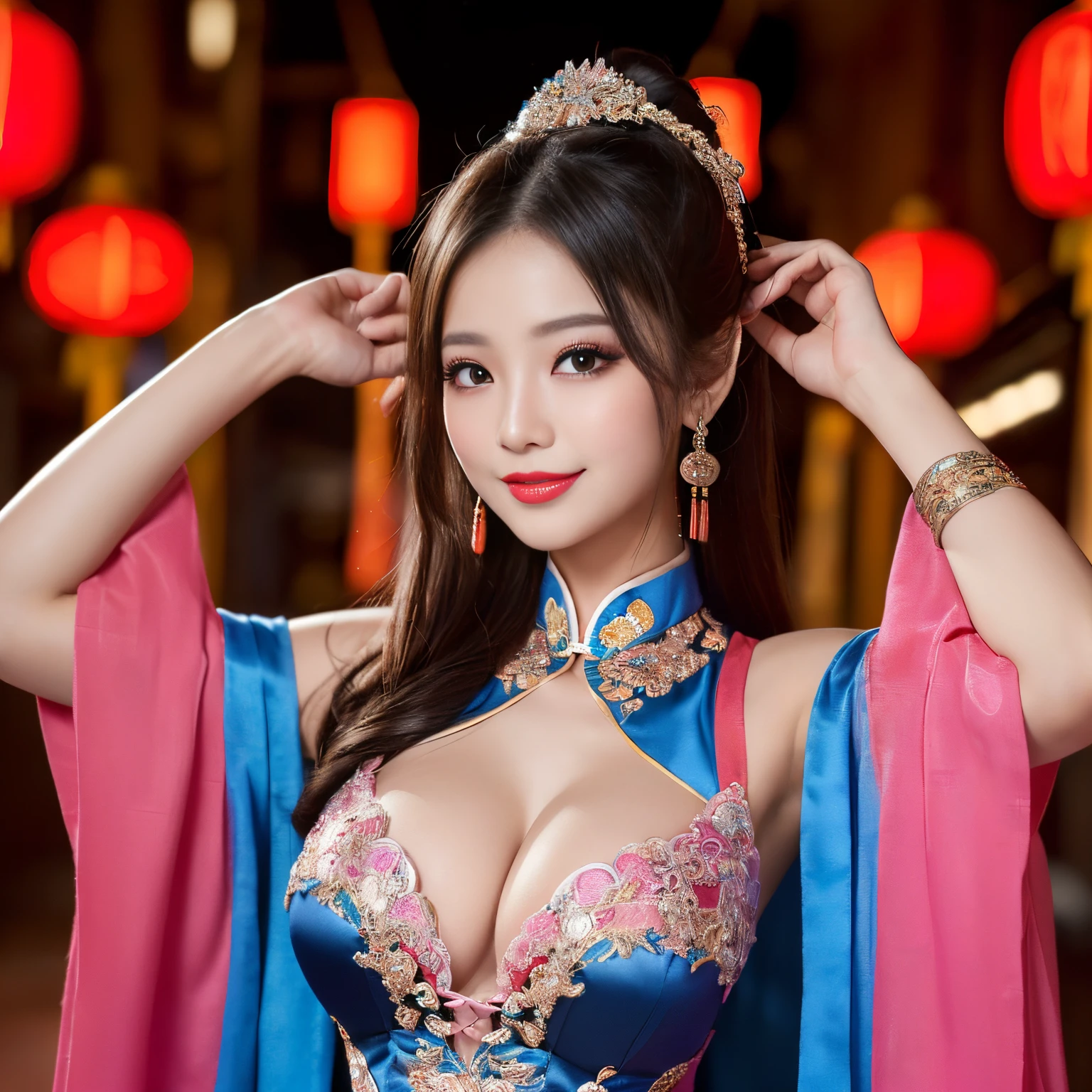 ((top-quality、masutepiece、8K、Top image quality、Highly complex and detailed depictions))、(Photo of the upper body of a Chinese prostitute:1.3)、Chang'an garrison at night、The most luxurious ancient Chinese architecture、The most luxurious ancient Chinese costumes、((The most gorgeous Chinese prostitute huge costume、the most vivid and luxurious costumes、big long costume、The most luxurious and huge garrison、An unimaginably luxurious garrison、A very luxurious and huge garrison、Huge red light district at midnight、Very complex decoration、A very clear Chang'an garrison))、(View me、Bewitching smile、Perfect makeup、long eyelashes、pink lipsticks、Pink eyeshadows、perfect anatomia、A slight smil)、(Detailed and crisp backgrounds:1.3)