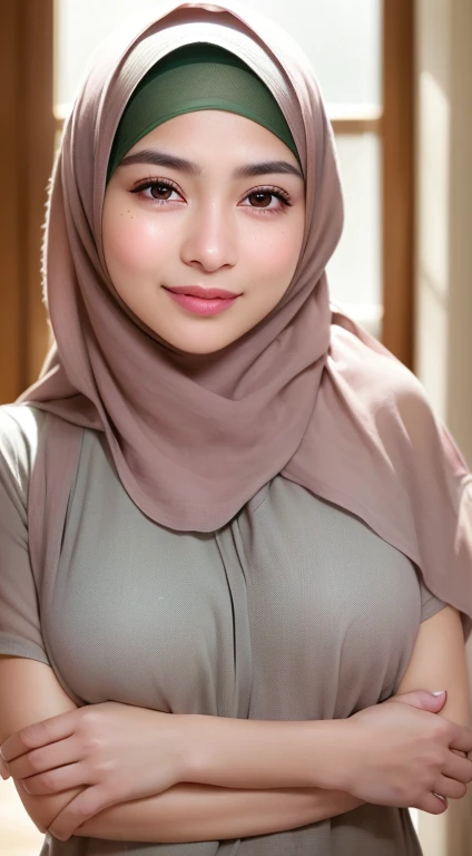 dressed modestly, (photo realistic:1.4), (hyper realistic:1.4), (realistic:1.3), (smoother lighting:1.05), (increase cinematic lighting quality:0.9), 32K, 1 muslim girl, 20yo muslim girl wearing hijab, dark brown skin, light green eyes, realistic lighting, backlighting, light on face, ray trace, (brightening light:1.2), (Increase quality:1.4), (best quality real texture skin:1.4), finely detailed eyes, finely detailed face, finely quality eyes, (joy, blush), (tired and sleepy and satisfied), face closeup, t-shirts, (Increase body line mood:1.1), (Increase skin texture beauty:1.1)