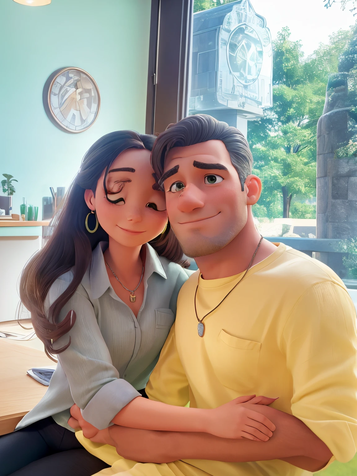 A man and a woman are sitting in a green-sensitive cafe, the woman is hugging the man, there is glass at the back and trees are visible through the glass, the woman is wearing a dark gray shirt, a white t-shirt inside the shirt, wearing earrings and a necklace, the man is wearing a yellow shirt, the woman and the man are very happy.