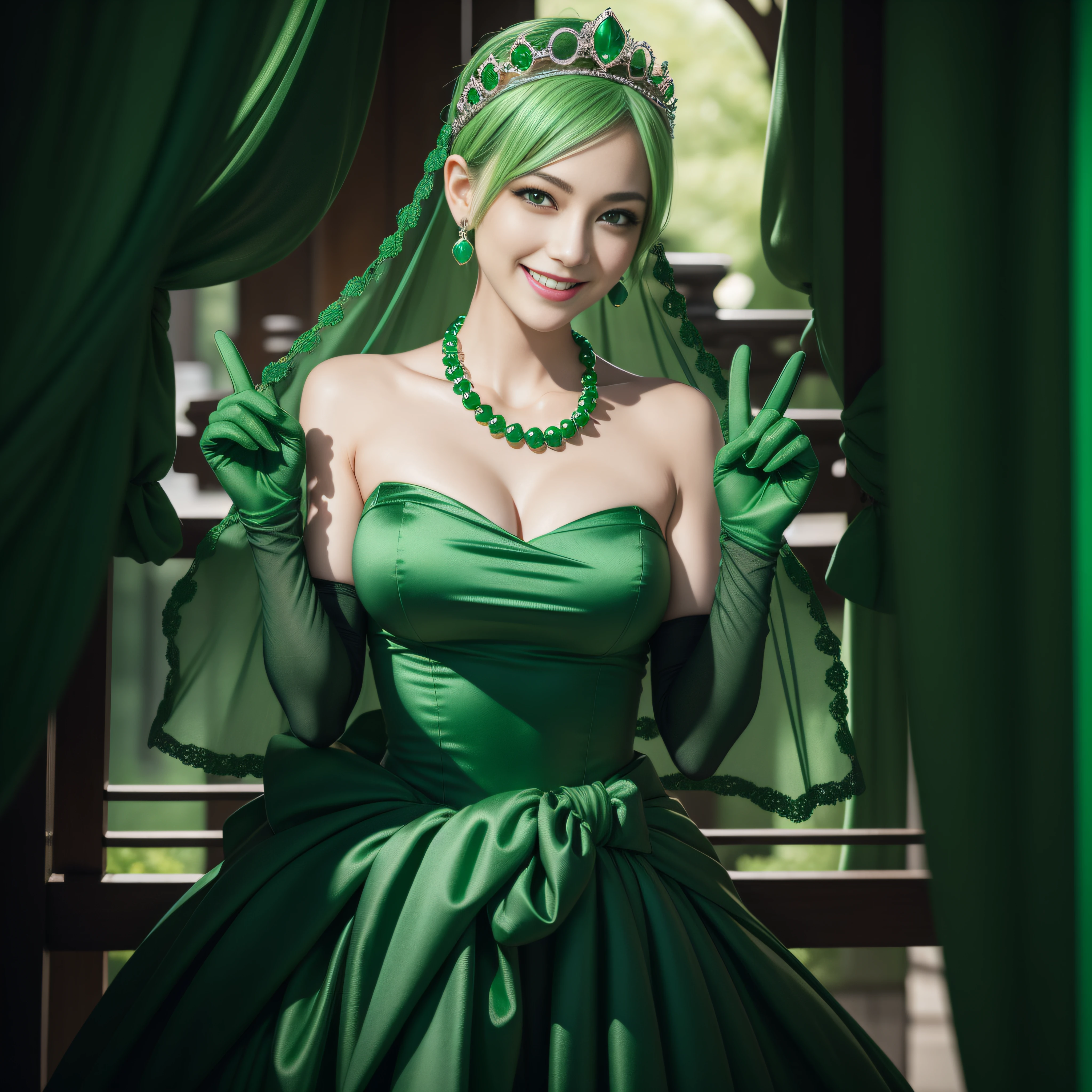 emerald tiara, Green Pearl Necklace, Boyish very short green hair, lipsticks, Japan woman smiling, very short short hair, big breasts beautiful, Green eyes, Long green gloves made of satin material, Green eyes, v sign,V-sign with both hands, Emerald Earrings, Green hair