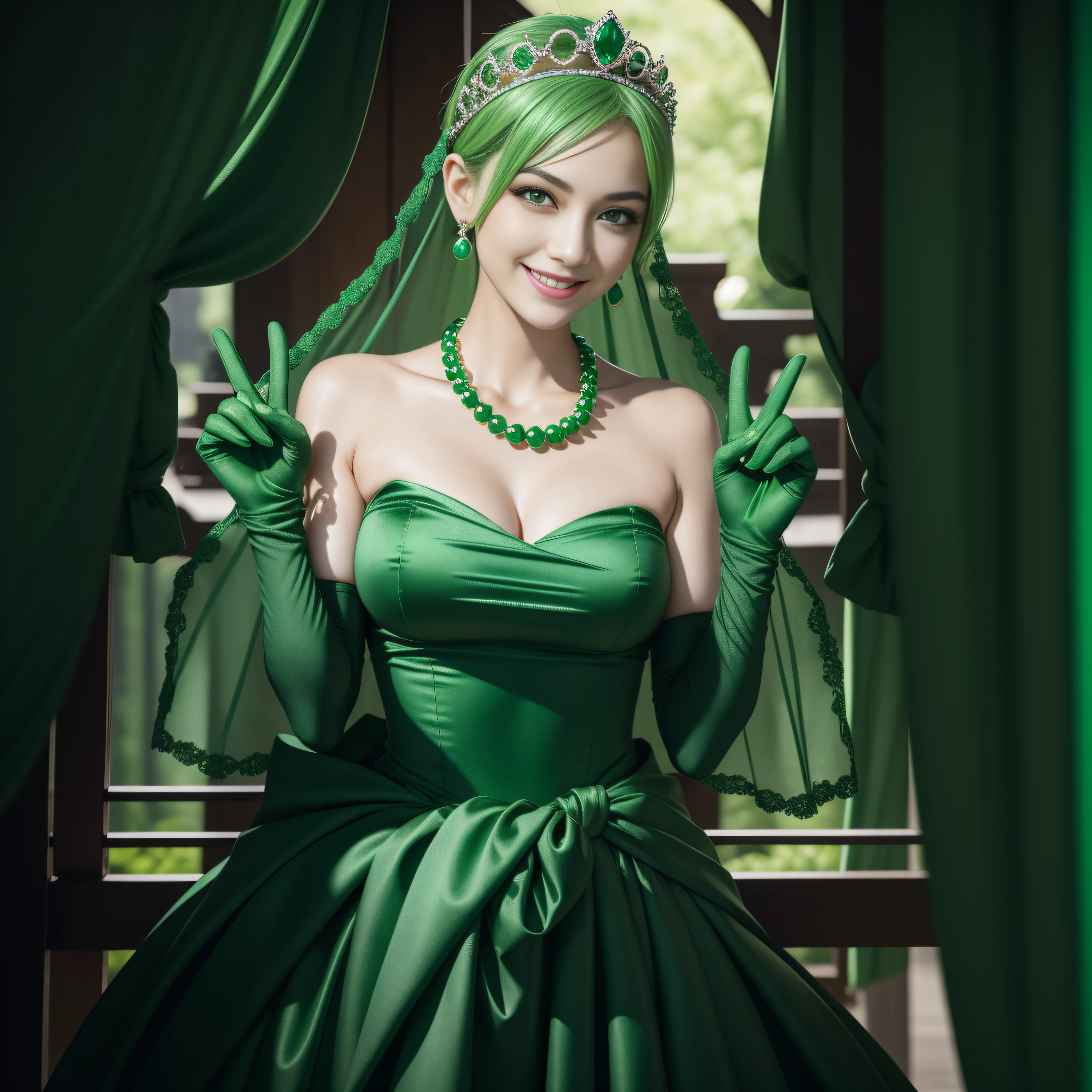 emerald tiara, Green Pearl Necklace, Boyish very short green hair, lipsticks, Japan woman smiling, very short short hair, big breasts beautiful, Green eyes, Long green gloves made of satin material, Green eyes, v sign,V-sign with both hands, Emerald Earrings, Green hair