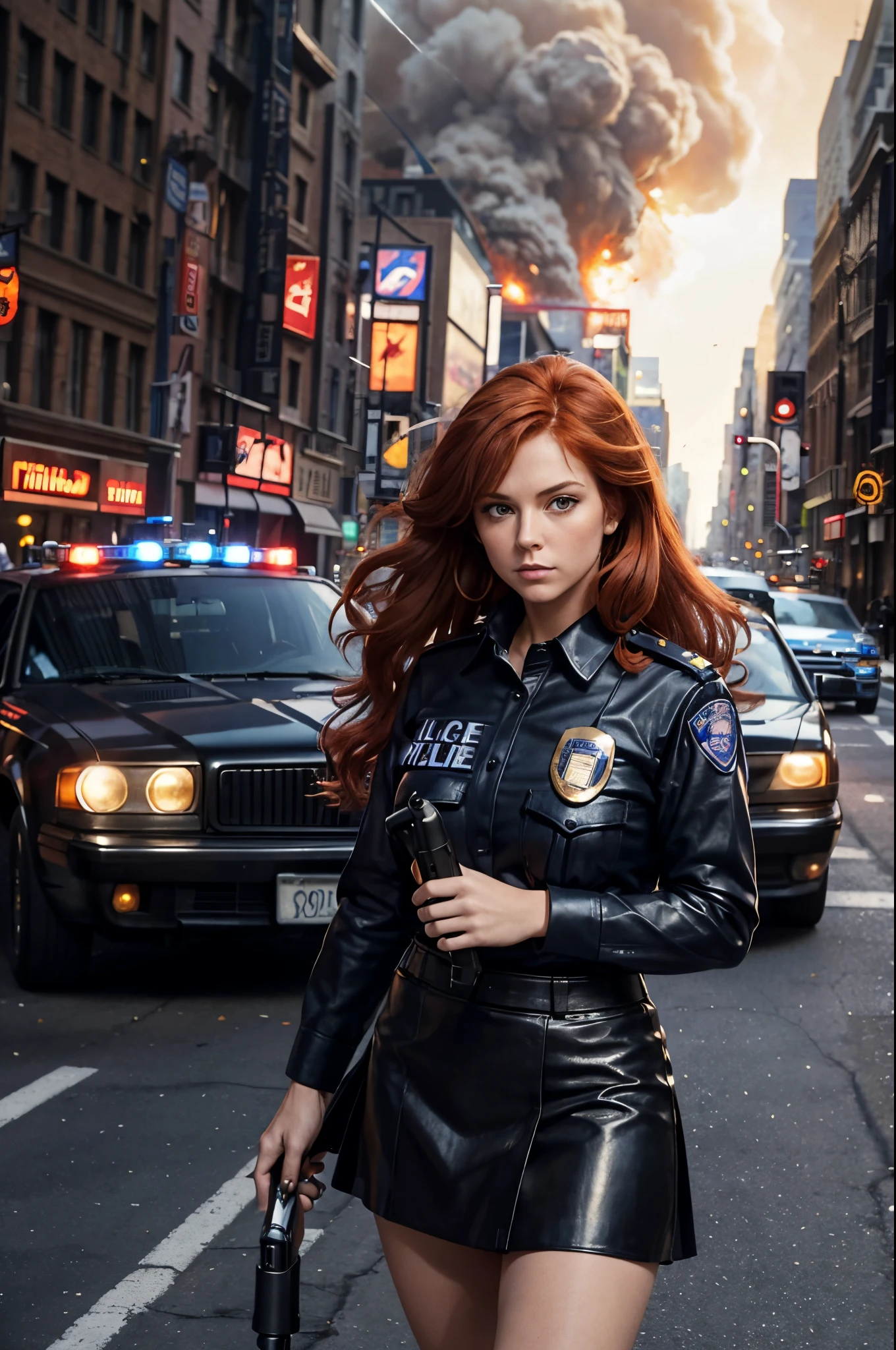 Masterpiece, Image/ Year 1975, Beautiful Red haired Female New York City Police woman, Black Leather Skirt, Blue NYPD shirt, standing in busy Street gun in hand, Long Hair blowing in the wind, Giant Tabby Cat Crushes Police Cars, Fires, explosions, in background