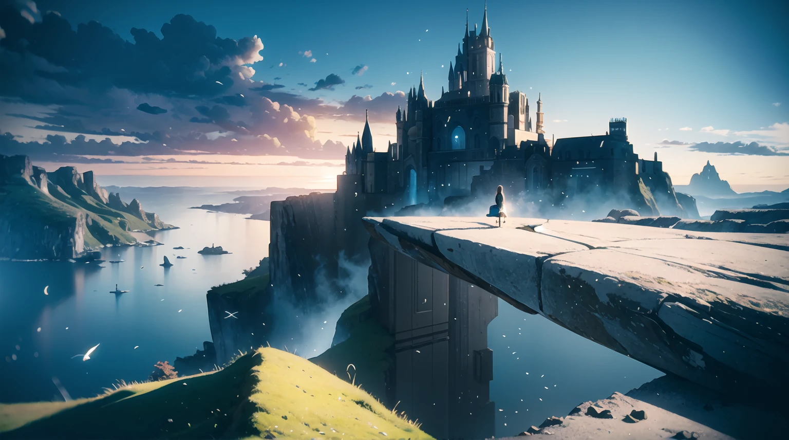 A stunningly detailed Hightech City within Mesmerizing Landscape, with a woman Sitting On The Edge Of A Clif Looking towards it, bathed in vibrant natural lighting. The scene is  Futuristic and atmospheric, with fantastical elements. The colors are vivid and rich, bringing a sense of magic to the image. The photo is of the highest quality, created with hyper photorealism using Unreal Engine 5, capturing every intricate detail. The film grain effect adds a touch of nostalgia while maintaining the realism. The resolution is 8K, providing ultra-detailed clarity, and the UHD and HDR enhance the dynamic range of colors and lighting. The depth of field effect adds dimension to the composition, drawing attention to the Woman. Captured with the Fujifilm X4, renowned for its exceptional image quality and color reproduction.
