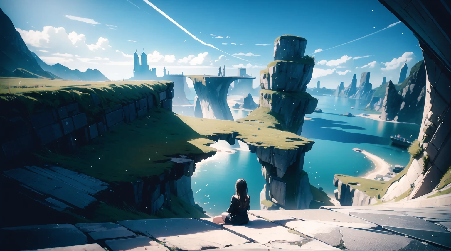 A stunningly detailed Hightech City within Mesmerizing Landscape, with a woman Sitting On The Edge Of A Clif Looking towards it, bathed in vibrant natural lighting. The scene is Futuristic and atmospheric, with fantastical elements. The colors are vivid and rich, bringing a sense of magic to the image. The photo is of the highest quality, created with hyper photorealism using Unreal Engine 5, capturing every intricate detail. The film grain effect adds a touch of nostalgia while maintaining the realism. The resolution is 8K, providing ultra-detailed clarity, and the UHD and HDR enhance the dynamic range of colors and lighting. The depth of field effect adds dimension to the composition, drawing attention to the Woman. Captured with the Fujifilm X4, renowned for its exceptional image quality and color reproduction.
