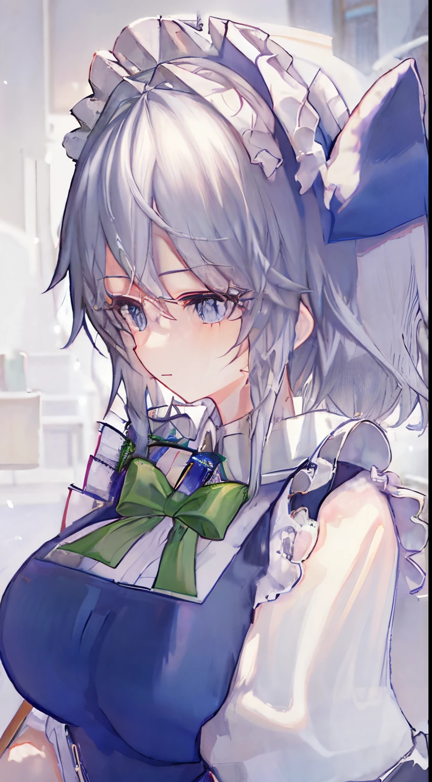 masterpiece, +++, top quality, soft light, portrait, touhou, izayoi sakuya, medium length hair, grey hair, blue eyes, wearing a white collared t-shirt, green ribbion, wearing a blue tight vest, black background, expressionless