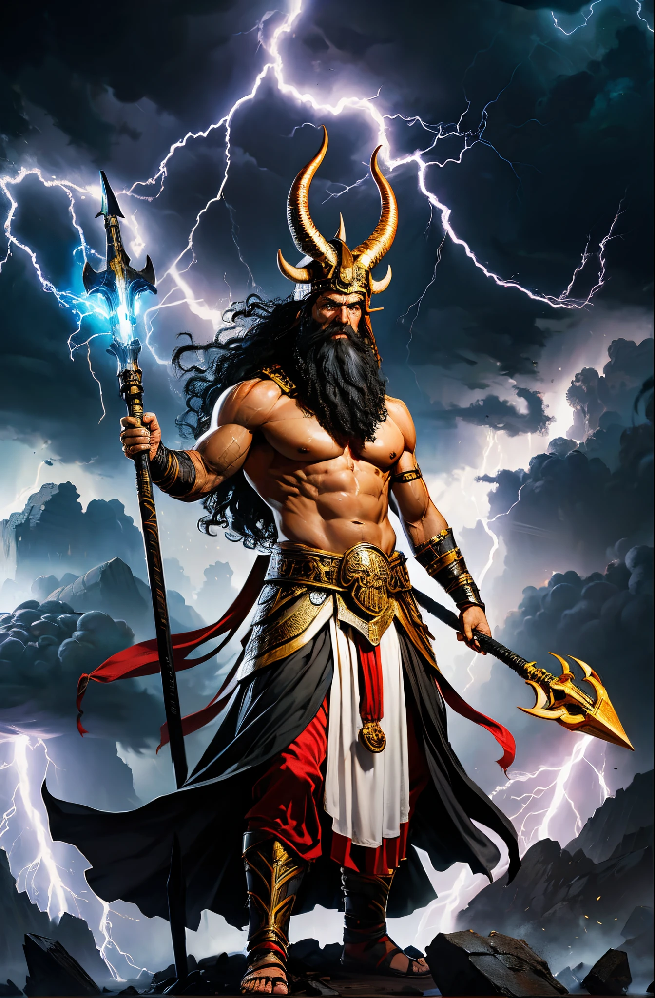 best image quality, masterpiece, super high resolution, BREAK Imagine the canaanite storm god Baal, ultra HD face, his whole body can be seen, he has a long curly black beard and long black hair, wearing a helmet with two horns, wielding a mace in his left hand and a thunderbolt-like spear in his right hand, sparks emit from the flashy spear, he is standing in the midst of a raging thunderstorm