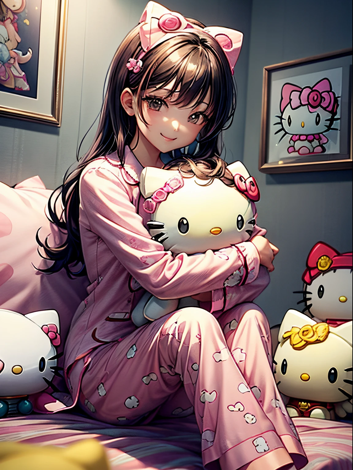 best quality, 4K wallpaper, masterpiece, extremely detailed CG unity 8k wallpaper, extremely detailed eyes, ultra-detailed, intricate details, 
1 woman, fantasy, (h1c4tt3ch, hugging hello kitty doll, sitting, surrounded by hello kitty dolls, pajamas, happy, smile, hello kitty, adorable, cute, dynamic pose