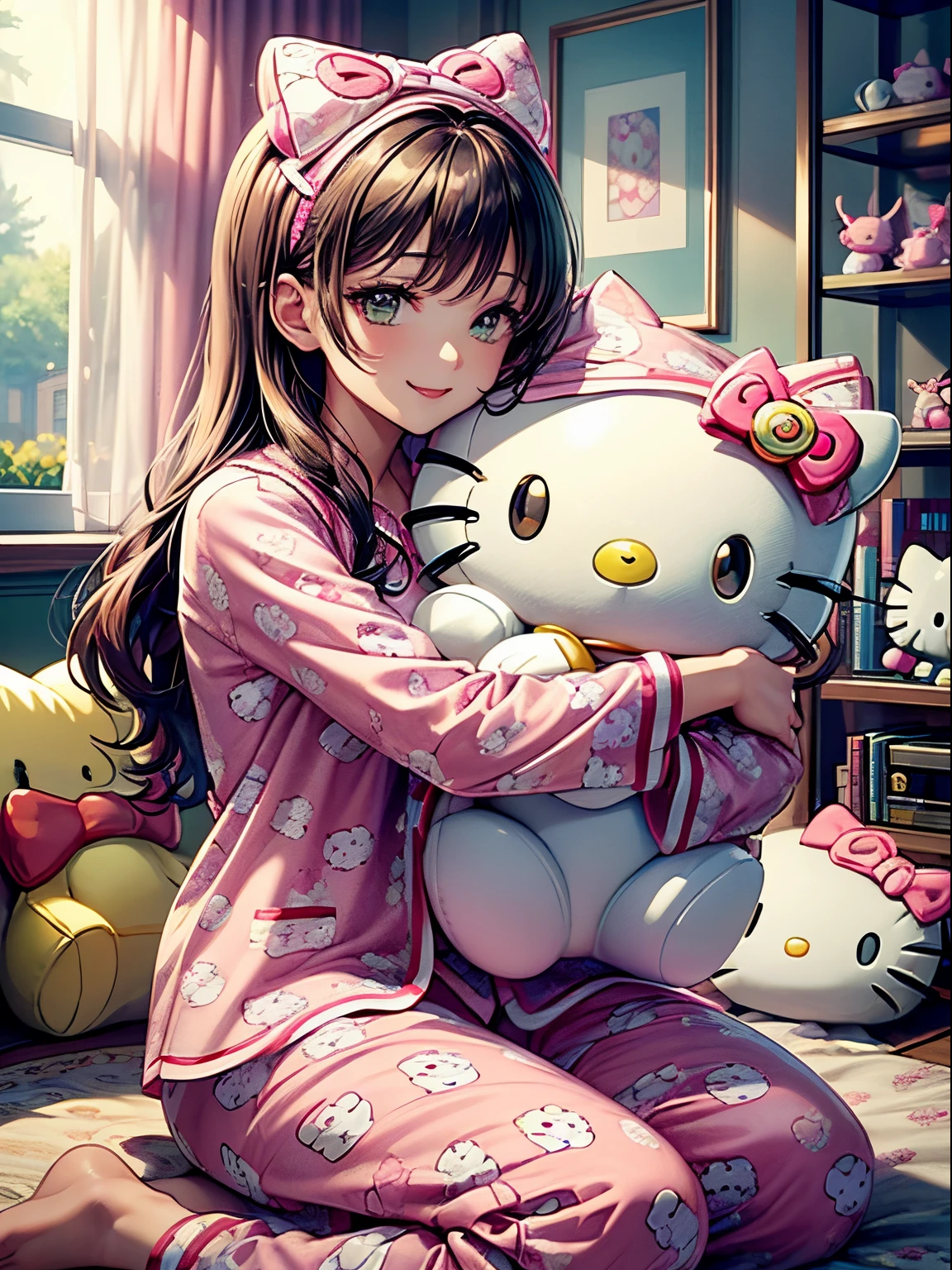 best quality, 4K wallpaper, masterpiece, extremely detailed CG unity 8k wallpaper, extremely detailed eyes, ultra-detailed, intricate details, 
1 woman, fantasy, (h1c4tt3ch, hugging hello kitty doll, sitting, surrounded by hello kitty dolls, pajamas, happy, smile, hello kitty, adorable, cute, dynamic pose