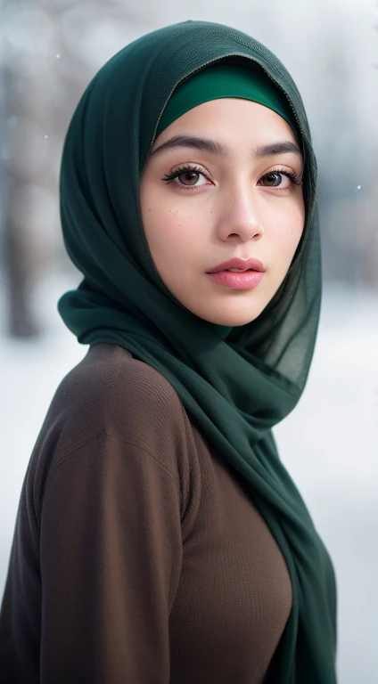 winter polar jacket clothing, dark brown skin, green eyes (photo realistic:1.4), (hyper realistic:1.4), (realistic:1.3), (smoother lighting:1.05), (increase cinematic lighting quality:0.9), 32K, 1 muslim girl, 23yo muslim girl wearing hijab, realistic lighting, backlighting, (brightening light:1.2), (Increase quality:1.4), (best quality real texture skin:1.4), finely detailed eyes, finely detailed face, finely quality eyes, kind, face closeup, t-shirts, (Increase body line mood:1.1), (Increase skin texture beauty:1.1)