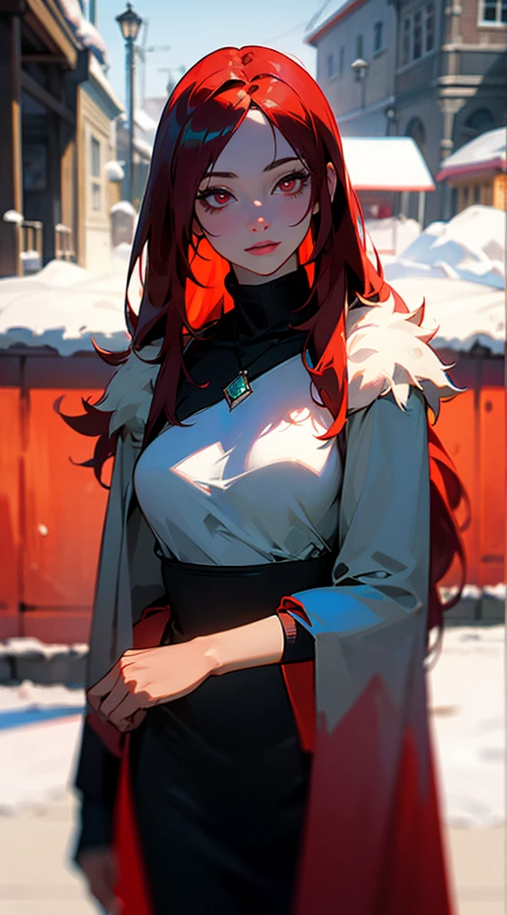 RAW, professional photograph, medium shot, photorealistic, realistic lights, realistic shadows, hyper-realistic, ray tracing, super detail, UHD, 8k, female, twenty years old, athletic body, soft facial features, long hair, straight hair, crimson hair, crimson eyes, bear fur coat, emerald necklace, winter, medieval town
