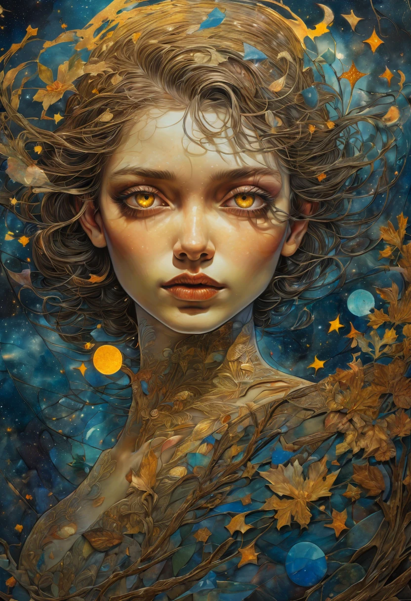 mail art, double exposure. two parts in one art. , , fantasy, fairytale, detailed splatter ink, Art Deco dynamic poster, comic style art on a cracked paper , fantasy, triadic colors, close up big brown eyes looking direct, under Van Gogh starry sky, , close macro portrait, forest, night. , dynamic pose, light on face, shadow play, perfect face, sharp glowing eyes, by James Jean, Craola, , Andy Kehoe, Dorian Vallejo,, Damian Lechoszest, Todd Lockwood, patchwork, stained glass, storybook illustration, highly detailed unusual beautiful details, intricated, intricated pose, tiny details masterpiece, high quality, intricated lighting, luminism,