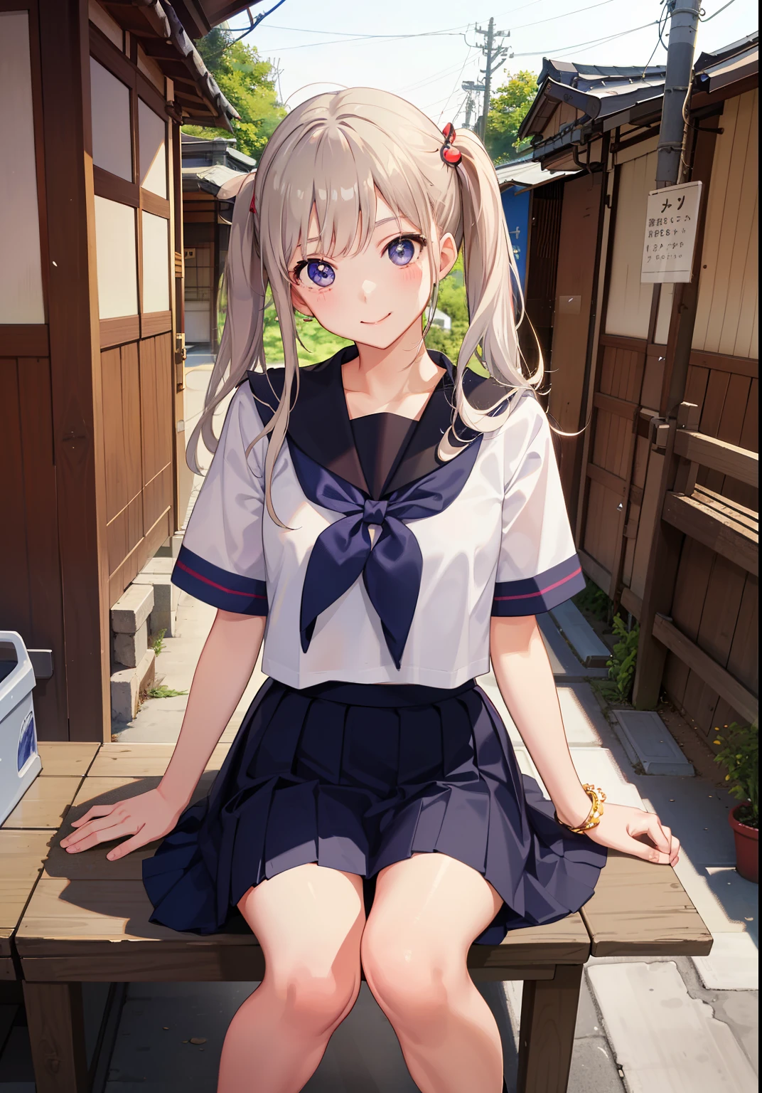 1girl in、A smile、The shirt、skirt by the、Light in the eyes、(highlight in eyes)Wink、(small tits)Chilarism、Japan High School Student Uniform、serafuku、summer clothing、(Portrait from the knee up)、
