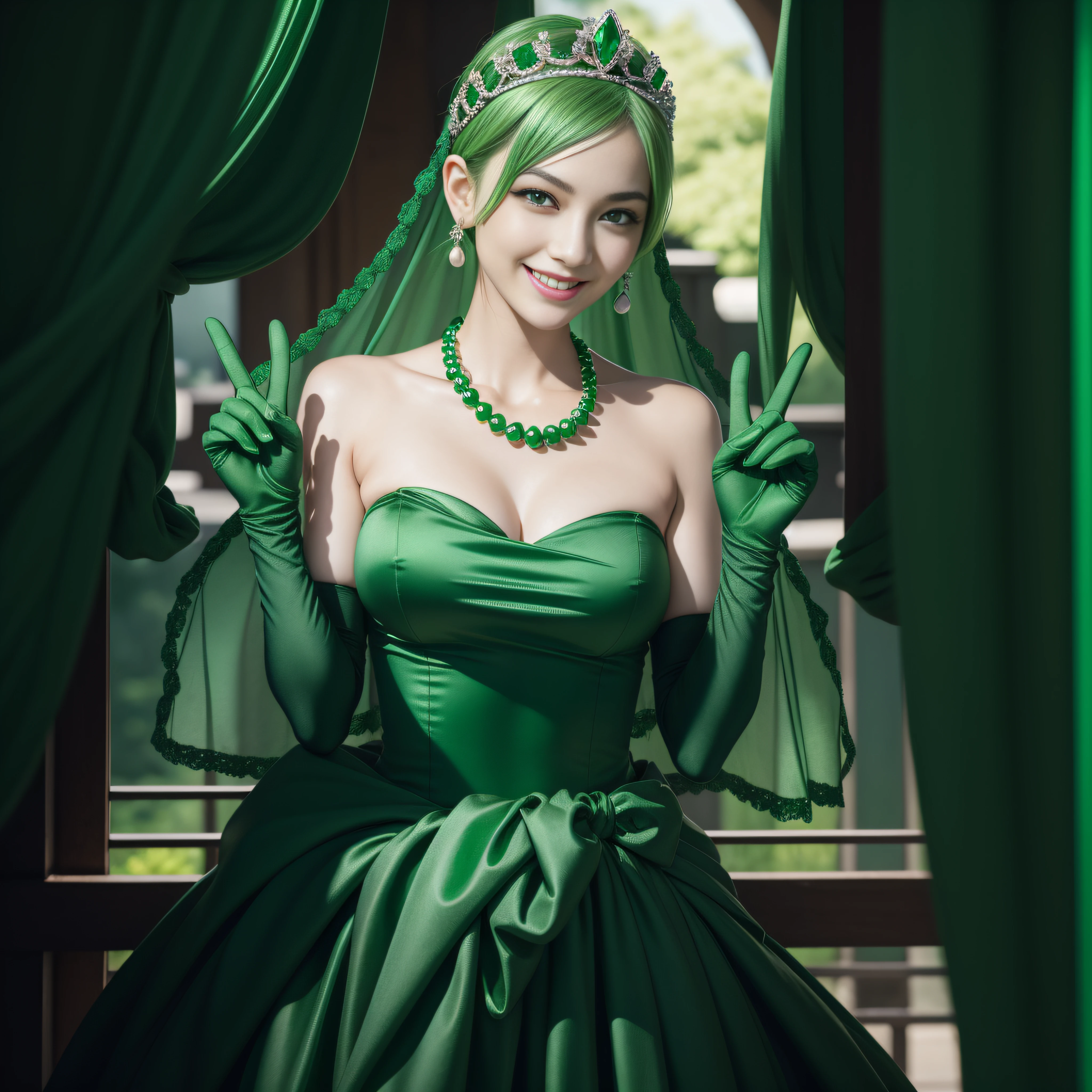 emerald tiara, Green Pearl Necklace, Boyish very short green hair, lipsticks, Japan woman smiling, very short short hair, big breasts beautiful, Green eyes, Long green gloves made of satin material, Green eyes, v sign,V-sign with both hands, Emerald Earrings, Green hair