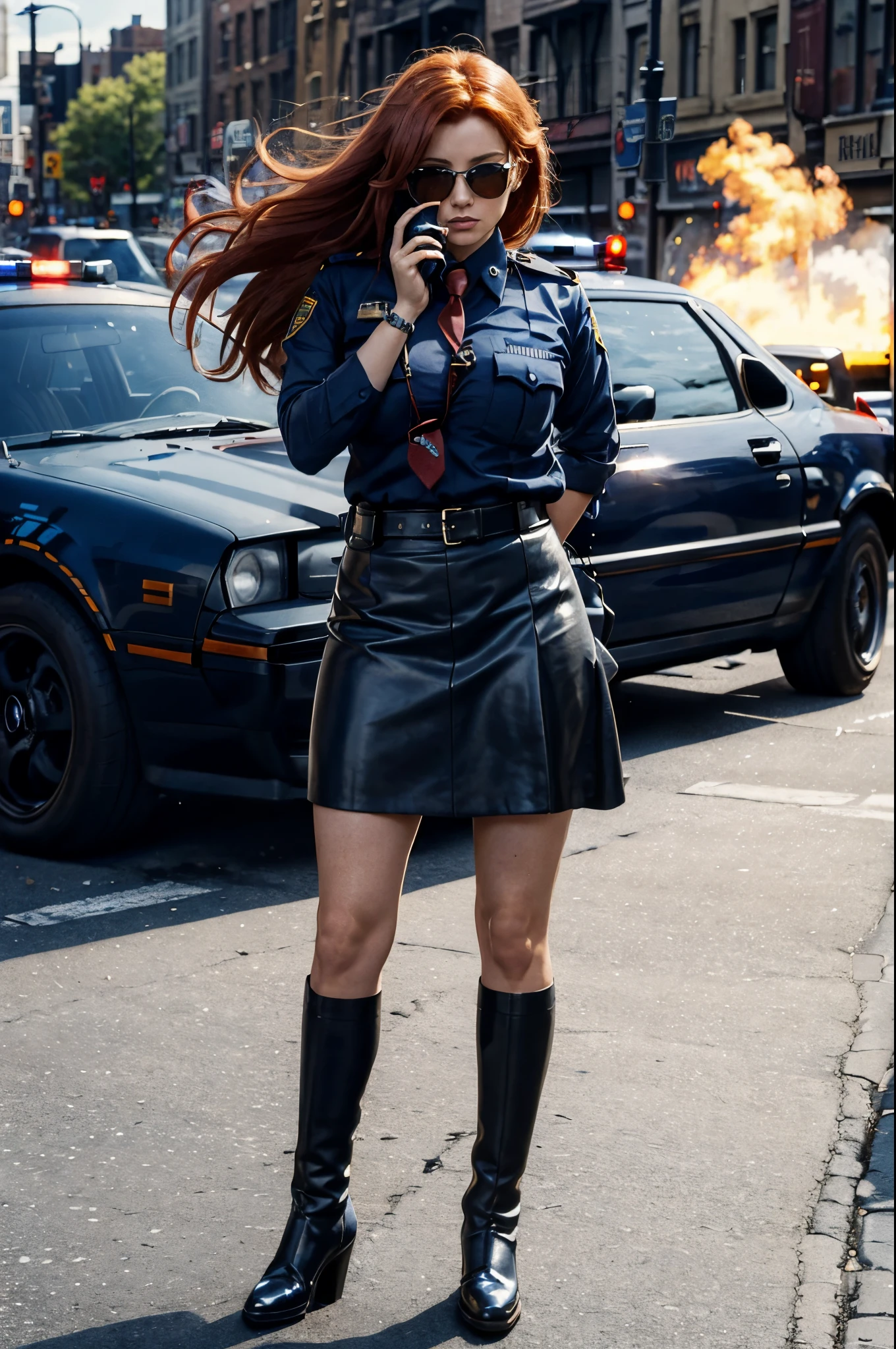 Masterpiece, Image/ Year 1975, Beautiful Red haired Female New York City Police woman, Black Leather Skirt, Blue NYPD shirt, standing in busy Street gun in hand, Long Hair blowing in the wind, Giant Tabby Cat Crushes Police Cars, Fires, explosions, in background