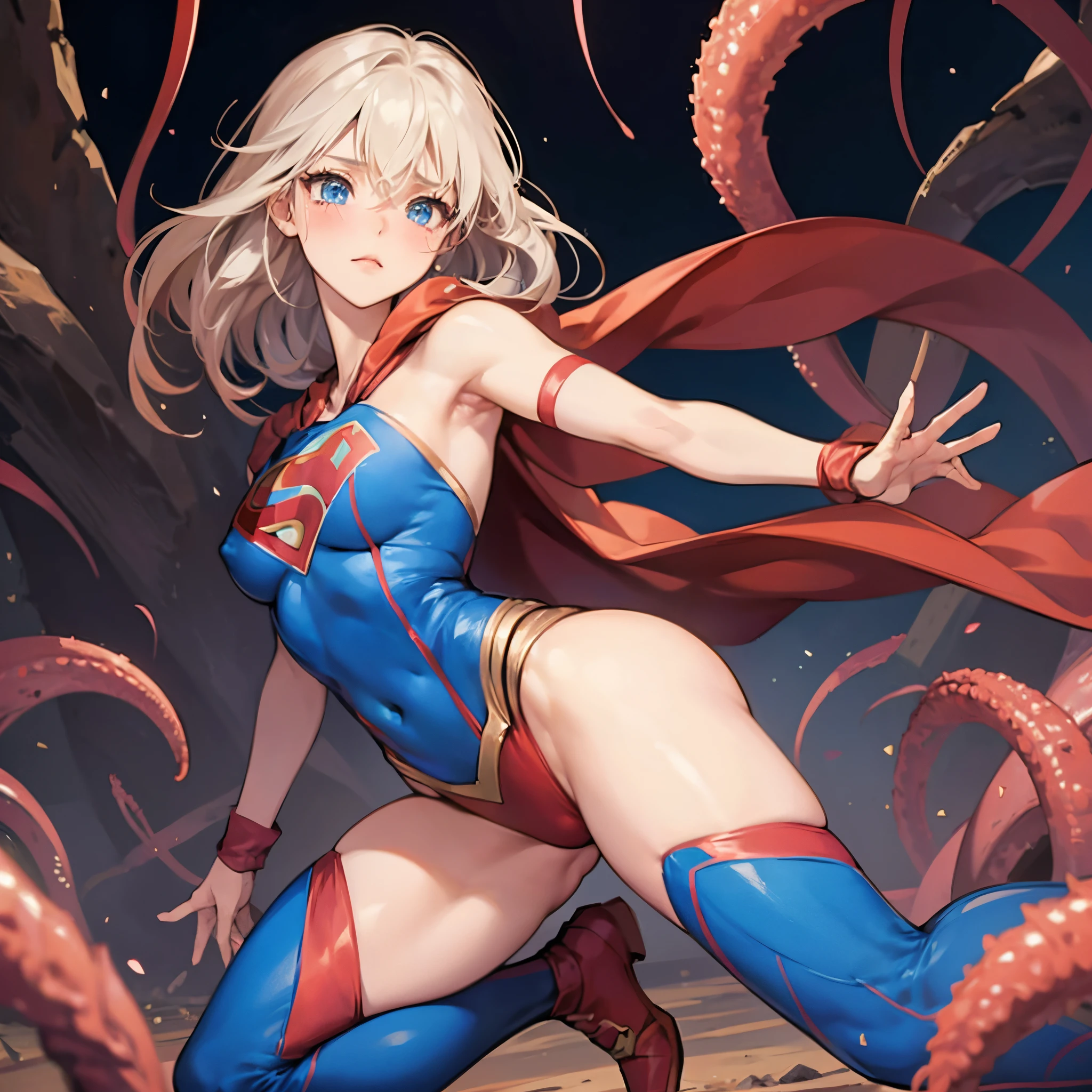 1girl in,Girl wearing ripped Supergirl cosplay and exposing skin,Very cute,I was so embarrassed I almost cried,red blush,Tears,Accurately drawn face,silber hair,Slender but big breasts,erectile nipple,a navel,Armpit,shapely butt,beauty legs,tre anatomically correct,perfectly proportions,Precise fingers,Active Poses and Angles,super girl'his tight suit is torn to shreds.., Expose the skin.,Super High Leg,Attacked by countless tentacles,photorealisim,masterpiece,hiquality,