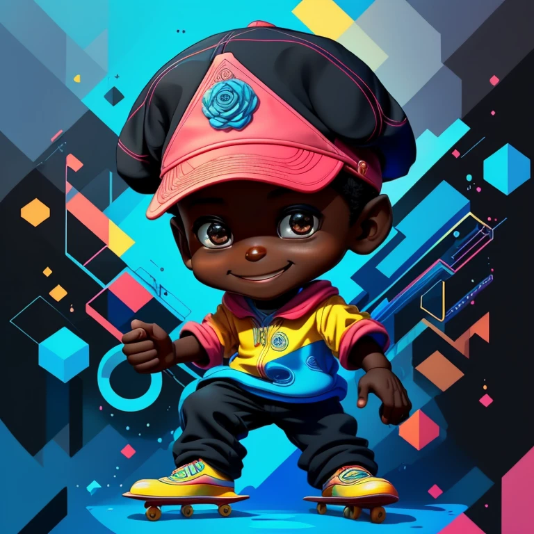 ) ((((cute black baby boy with a skate and a blue cap smiling) ((Mikey)) - Criador: Walt Disney2023) ), ,, ( Walt Disney acolchoamento ,multidimensional geometric wall PORTRAIT, arte, Chibi,
Yang08k, lindo, Colouring,Rose
Primary works, qualidade superior, melhor qualidade, Arte Oficial, Beautiful and Aesthetic,)) ), ,,  Walt Disney acolchoamento ,multidimensional geometric wall PORTRAIT, arte, Chibi,
Yang08k, lindo, (Colouring, rosa), amarelo ,azul ,vermelho e branco)
Primary works, qualidade superior, melhor qualidade, Arte Oficial, Beautiful and Aesthetic,
