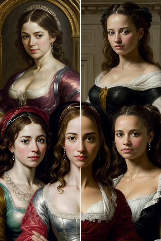 (the three graces of Rubens),(one with the face of Emily Rudd, the second with the face of Evangeline Lilly and the third with the face of Alicia Vikander), modern version of the picture, masterpiece, hyperdetailed painting, ((3girls)).