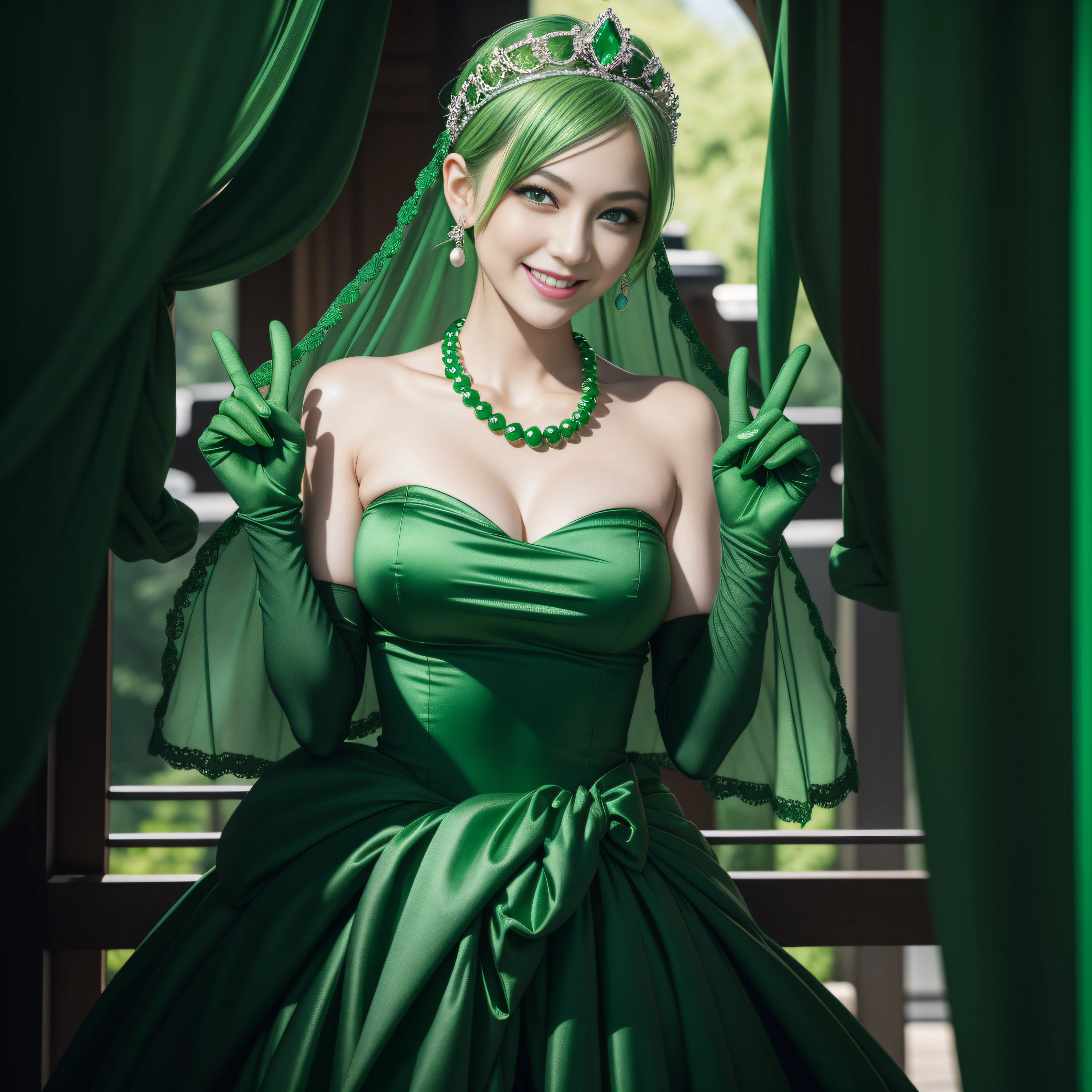 emerald tiara, Green Pearl Necklace, Boyish very short green hair, lipsticks, Japan woman smiling, very short short hair, big breasts beautiful, Green eyes, Long green gloves made of satin material, Green eyes, v sign,V-sign with both hands, Emerald Earrings, Green hair