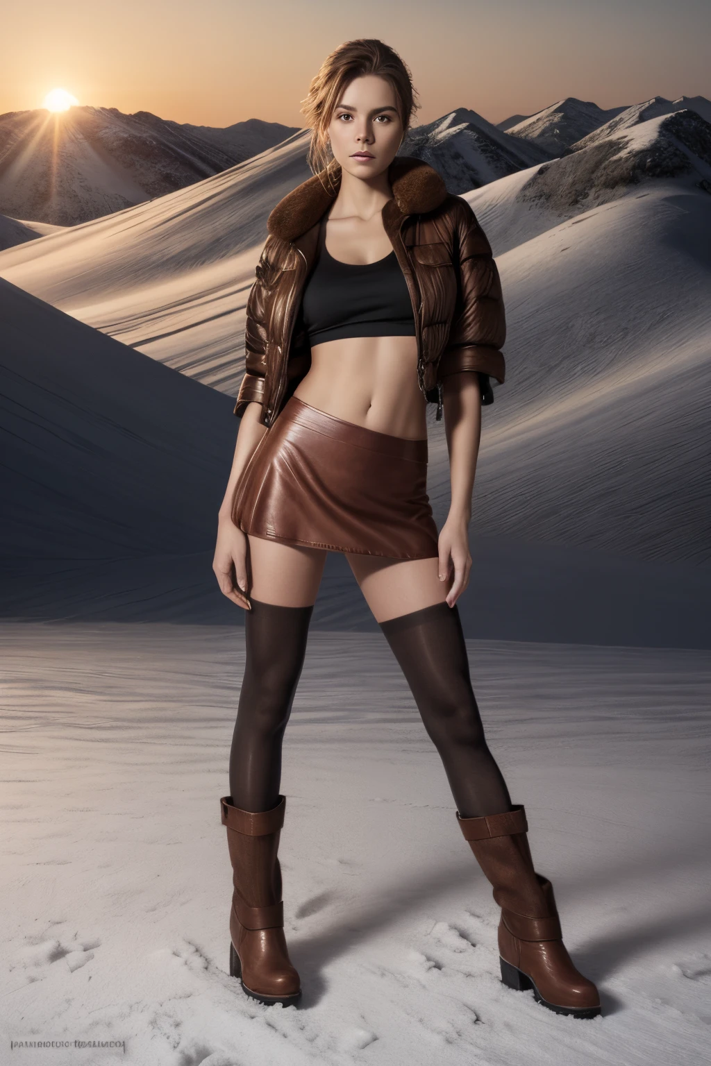 Beautiful slim woman on tight low rise mini skirt, ((silk pantyhose)), short feather jacket, short jacket, red tank top, ((black mini skirt)), sensual pose, posing on a snow field with high mountains on background, front shot, slin waist, slim legs, thigh gap, red short winter jacket, ((brown leather short boots)), winter wool scart, snow, mountains, landscape, low light of sunset, high details, award winning, super detail, realistic photo, outdoot landscape, hdr, fujifilm