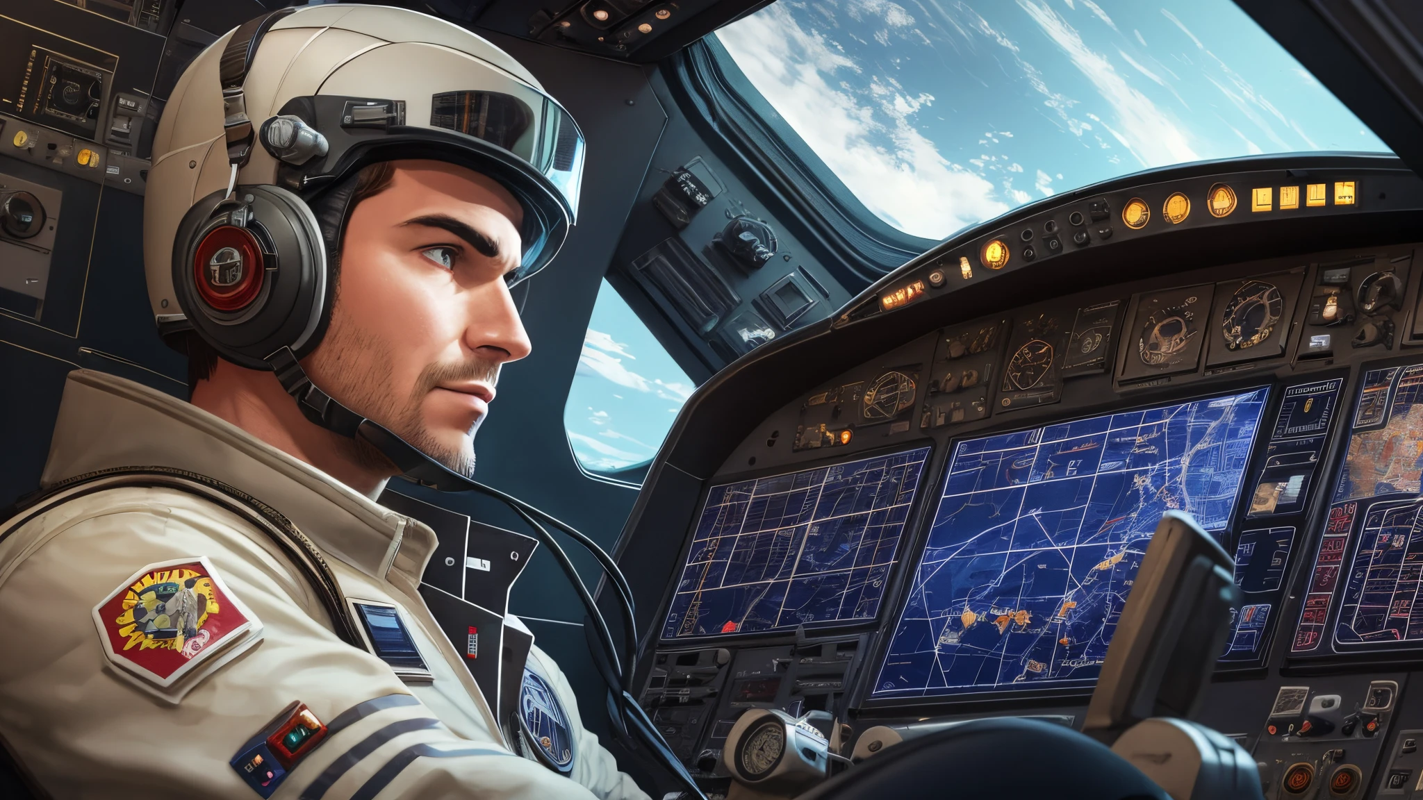 realism, personality:  [Illustrate a medium shot of Captain Alex sitting in the pilot seat of the spaceship's cockpit. Show him focused on the control panel, with a sense of purpose and determination on his face. The lighting should be somewhat dim in the cockpit, emphasizing the seriousness of the mission]unreal engine, hyper real --auto --s2
