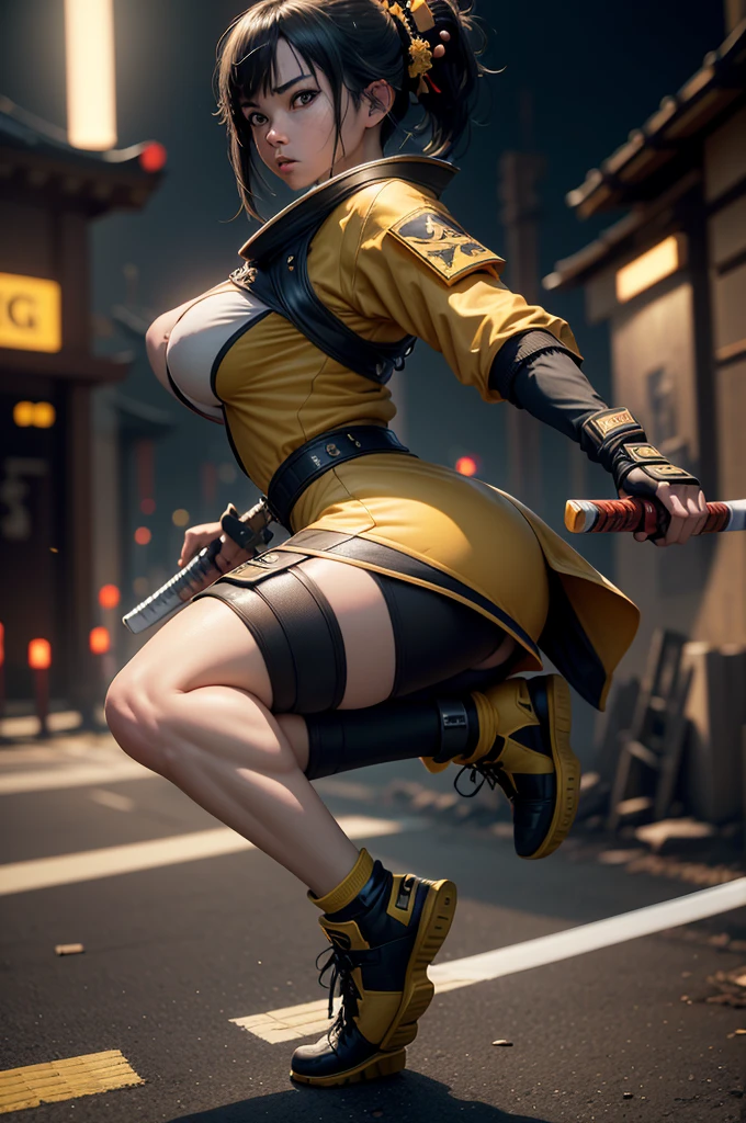 1 girl, (((Full body))), (yellow racing suit), (((1 samurai sword))), gloves, tactical, (black hair), high resolution, sharp image, from the back,
((Best quality)), ((masterpiece)), highly detailed, Depth-of-field, Multi-layered textures,(Hyperrealistic), HDR (High Dynamic Range), Ray Tracing, NVIDIA RTX, Unreal 5, Subsurface scattering, PBR Texturing, Post-processing,
Anisotropic Filtering, Maximum clarity and sharpness, Wide aperture, Low ISO, White balance, Rule of thirds, 8K RAW, (extremely slutty), Night city in the background, Ultra HD, dramatic, highly detailed hands
