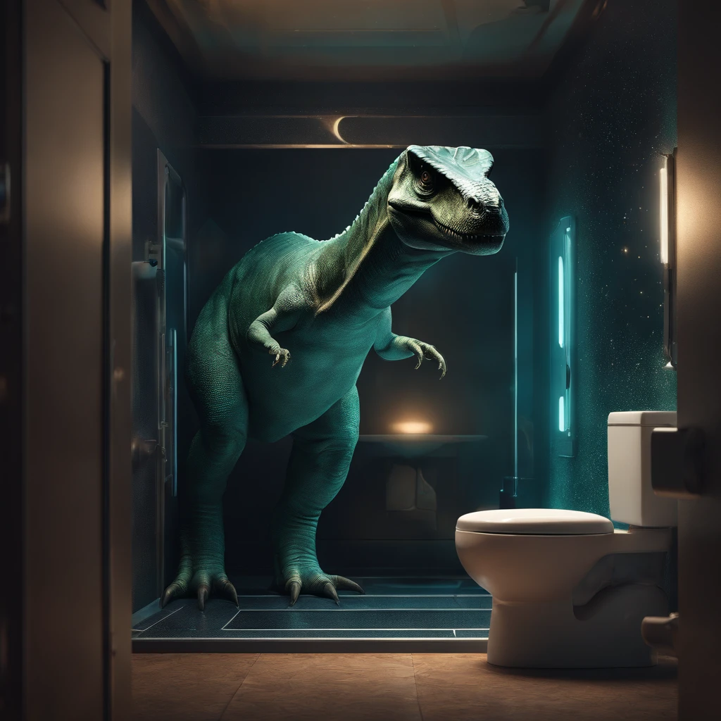 A cinematic scene of a dinosaur in a futuristic, aurora-lit world, sitting on a toilet that is floating in outer space. The cosmic background is filled with stars and galaxies, adding to the surreal and dramatic atmosphere. The dinosaur is shown in a realistic and detailed style, with intricate patterns and textures on its skin. The lighting is dynamic and adds to the overall cinematic feel of the artwork. This piece is trending on artstation and is a perfect blend of science fiction and fantasy.