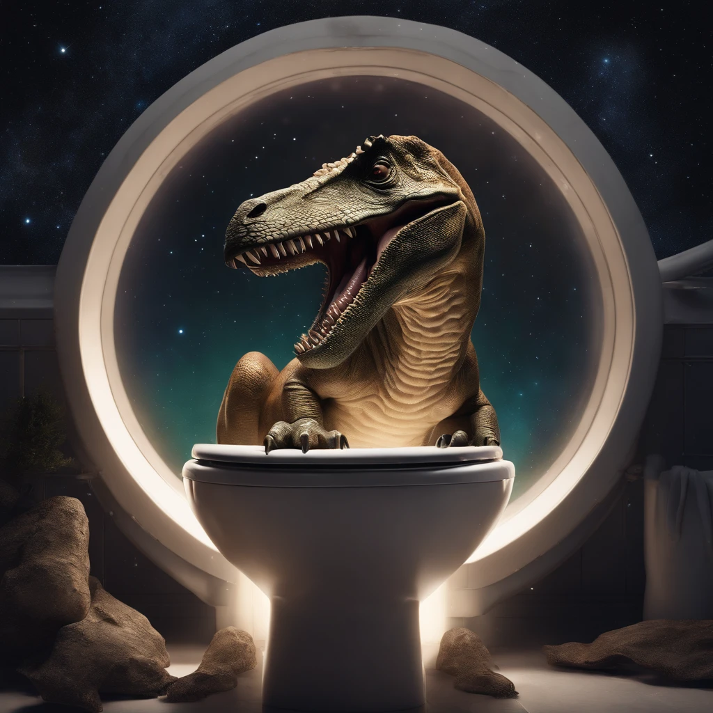 A cinematic scene of a dinosaur in a futuristic, aurora-lit world, sitting on a toilet that is floating in outer space. The cosmic background is filled with stars and galaxies, adding to the surreal and dramatic atmosphere. The dinosaur is shown in a realistic and detailed style, with intricate patterns and textures on its skin. The lighting is dynamic and adds to the overall cinematic feel of the artwork. This piece is trending on artstation and is a perfect blend of science fiction and fantasy.