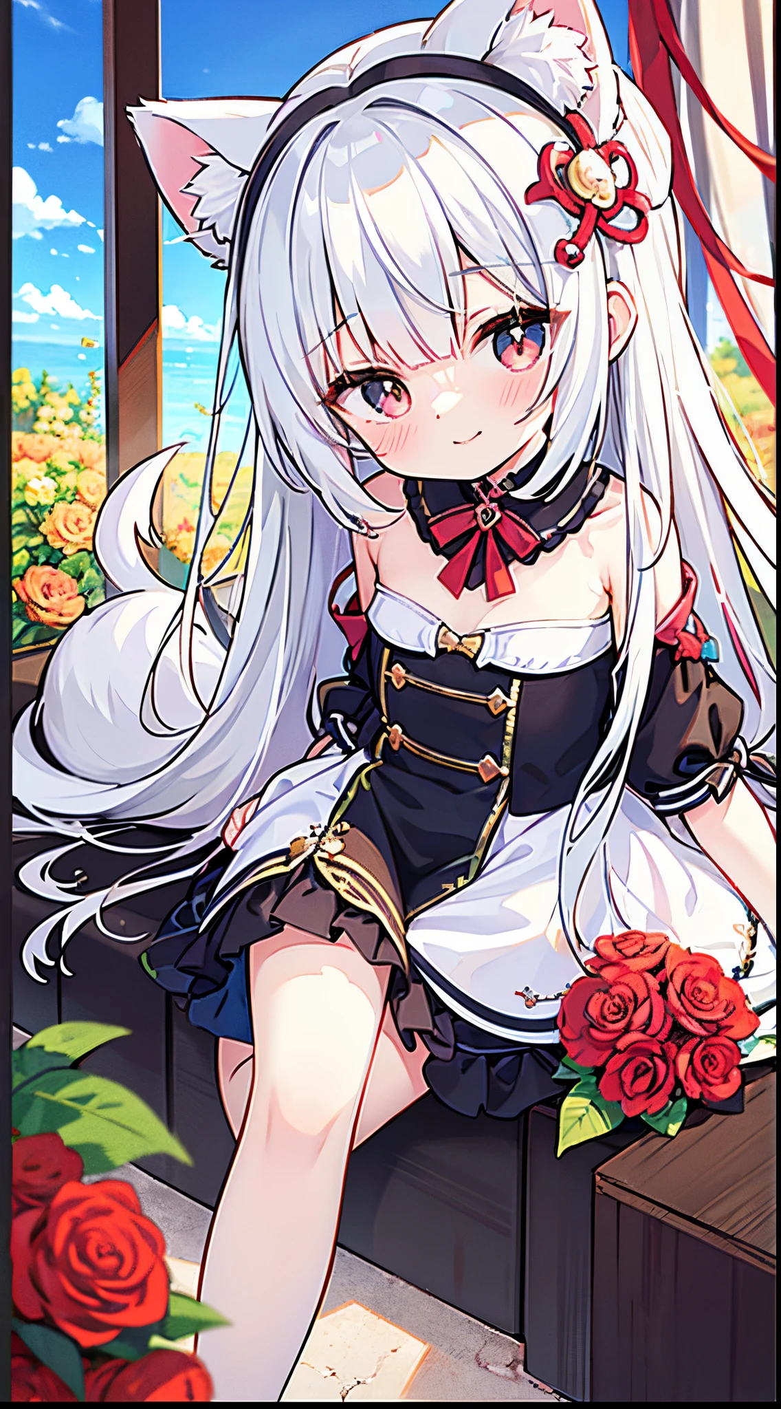 with long coiled hair, flowers in head, Cat ears, Bright pupils, Blush, (Monet:1), anaglyph, Fuji colors, outside border, hyper HD, Masterpiece, ccurate, Textured skin, 4K, Best quality, A high resolution, High quality, hyper HD, Masterpiece, Textured skin, A high resolution, Best quality, High quality, 4K,Rich colors,Raised sexy,semi transparent,silvery white hair,Red pupils,Bow knot,(Wolf tail:1),Dynamic,rosette,Yarn,Charming,Raised sexy,Ribbons,Head up,unholy,Bad smile emoji,frenzied,Turning around,full bodyesbian,raise leg
