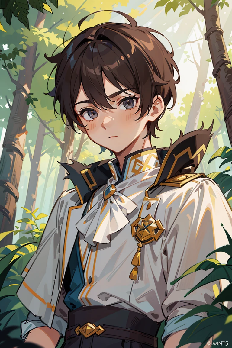 A young man with spiky short brown hair wearing a white cape with tan trim, stands confidently in front of a vividly colored forest. The detailed CG unity 8k wallpaper in the background displays an ultra-detailed and realistic portrait of the young man with grey eyes. His grey eyes are extremely detailed. The sharp focus captures every intricate feature of his face, highlighting his hair and expressive grey eyes. The forest art atmosphere enhances the overall aesthetic quality of the image, making it a true masterpiece. The young man's outfit adds vibrant dashes of color to the composition. The inclusion of his grey eyes further accentuates his unique personality. The attention to detail and vivid colors make this artwork a visually stunning and captivating piece.