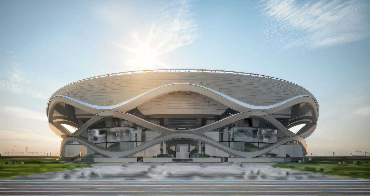 Exterior, stadium, (modern style:1.3), shape, garden, sunlight, render 8k, utral realistic, best quanlity, raw photo