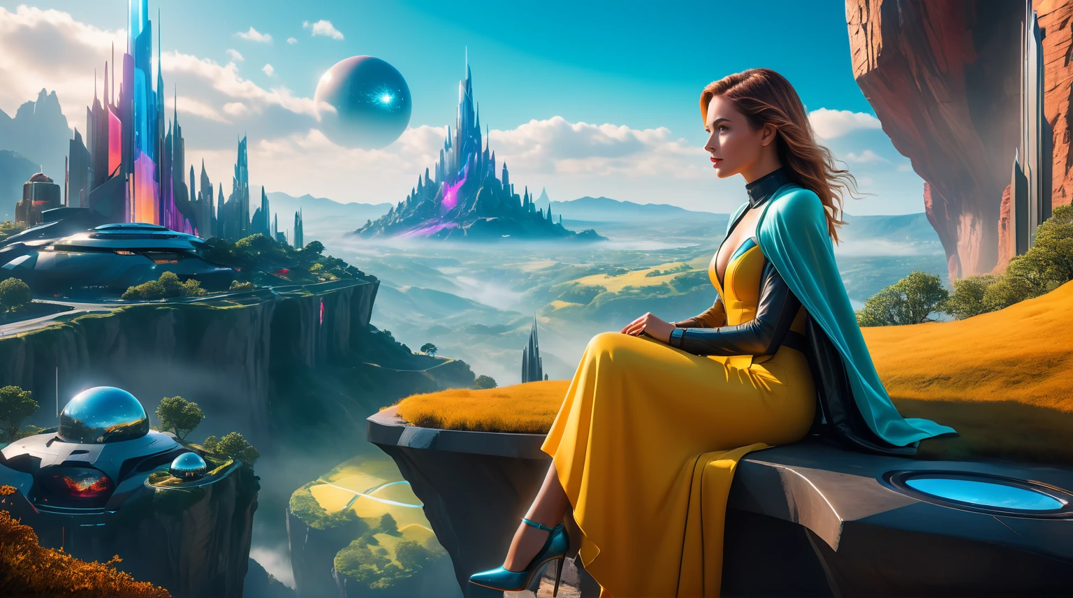 A stunningly detailed Hightech City within Mesmerizing Landscape, with a woman Sitting On The Edge Of A Clif Looking towards it, bathed in vibrant natural lighting. The scene is  Futuristic and atmospheric, with fantastical elements. The colors are vivid and rich, bringing a sense of magic to the image. The photo is of the highest quality, created with hyper photorealism using Unreal Engine 5, capturing every intricate detail. The film grain effect adds a touch of nostalgia while maintaining the realism. The resolution is 8K, providing ultra-detailed clarity, and the UHD and HDR enhance the dynamic range of colors and lighting. The depth of field effect adds dimension to the composition, drawing attention to the Woman. Captured with the Fujifilm X4, renowned for its exceptional image quality and color reproduction.