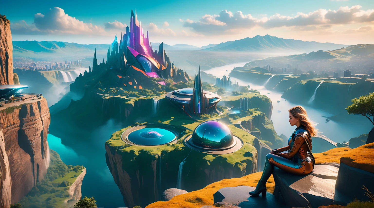 A stunningly detailed Hightech City within Mesmerizing Landscape, with a woman Sitting On The Edge Of A Clif Looking towards it, bathed in vibrant natural lighting. The scene is Futuristic and atmospheric, with fantastical elements. The colors are vivid and rich, bringing a sense of magic to the image. The photo is of the highest quality, created with hyper photorealism using Unreal Engine 5, capturing every intricate detail. The film grain effect adds a touch of nostalgia while maintaining the realism. The resolution is 8K, providing ultra-detailed clarity, and the UHD and HDR enhance the dynamic range of colors and lighting. The depth of field effect adds dimension to the composition, drawing attention to the Woman. Captured with the Fujifilm X4, renowned for its exceptional image quality and color reproduction.