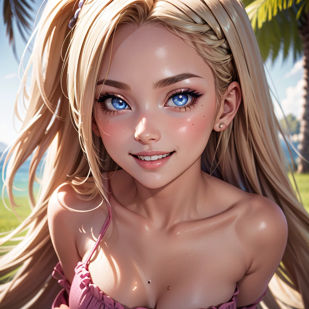 1girl, blonde hair, eyelashes, hair over one eye, blue eyes, big lips, ultra-detailed, high quality, highres, absurdres, best quality, best quality, large breasts, blurry background, evil smile, long hair, bright pupils, seductive smile, shiny skin, tall female, colored skin, pink lips, backlighting, outdoors, extremely detailed, original, glitter, shiny skin, shiny, full body, pink skirt,