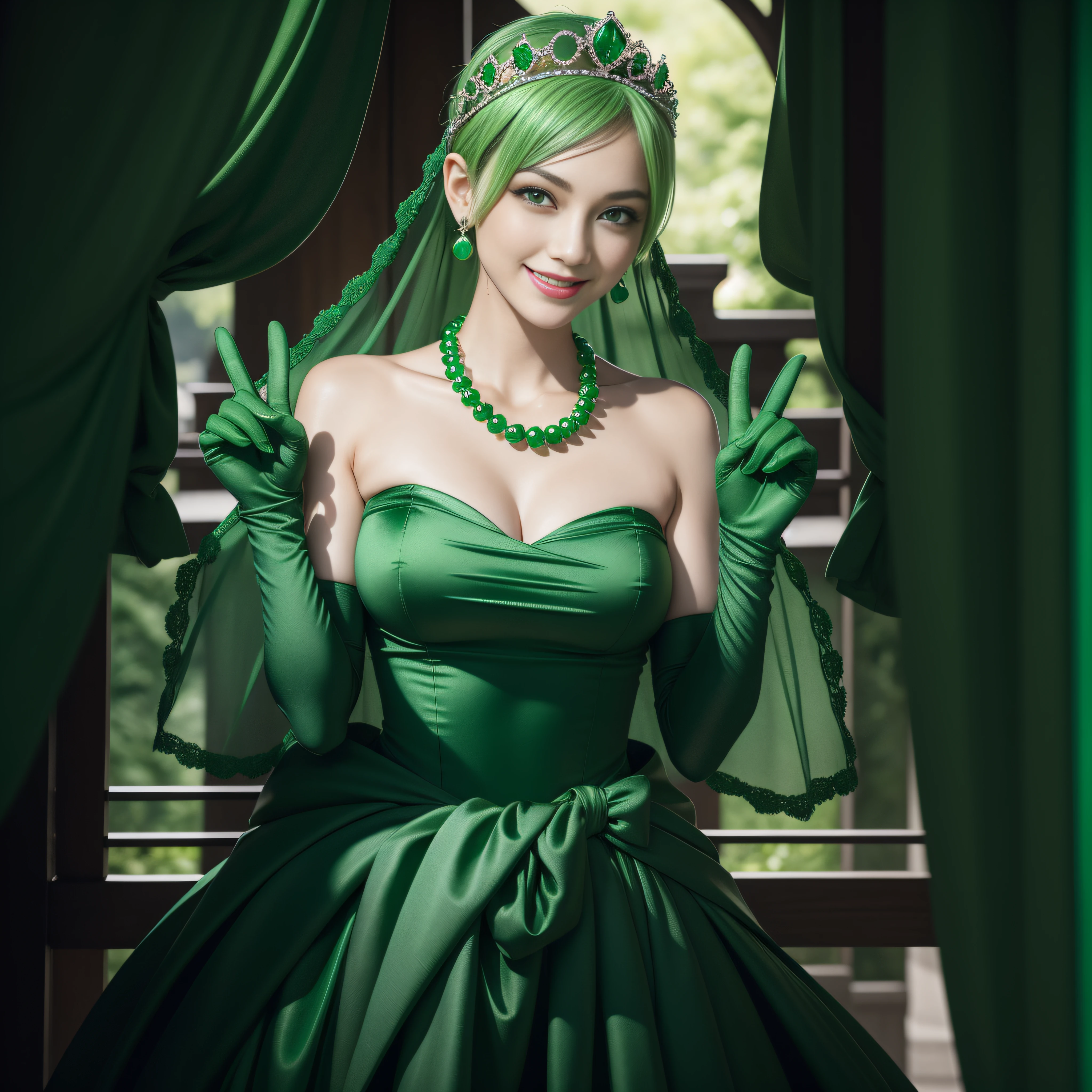 emerald tiara, Green Pearl Necklace, Boyish very short green hair, lipsticks, Japan woman smiling, very short short hair, big breasts beautiful, Green eyes, Long green gloves made of satin material, Green eyes, v sign,V-sign with both hands, Emerald Earrings, Green hair