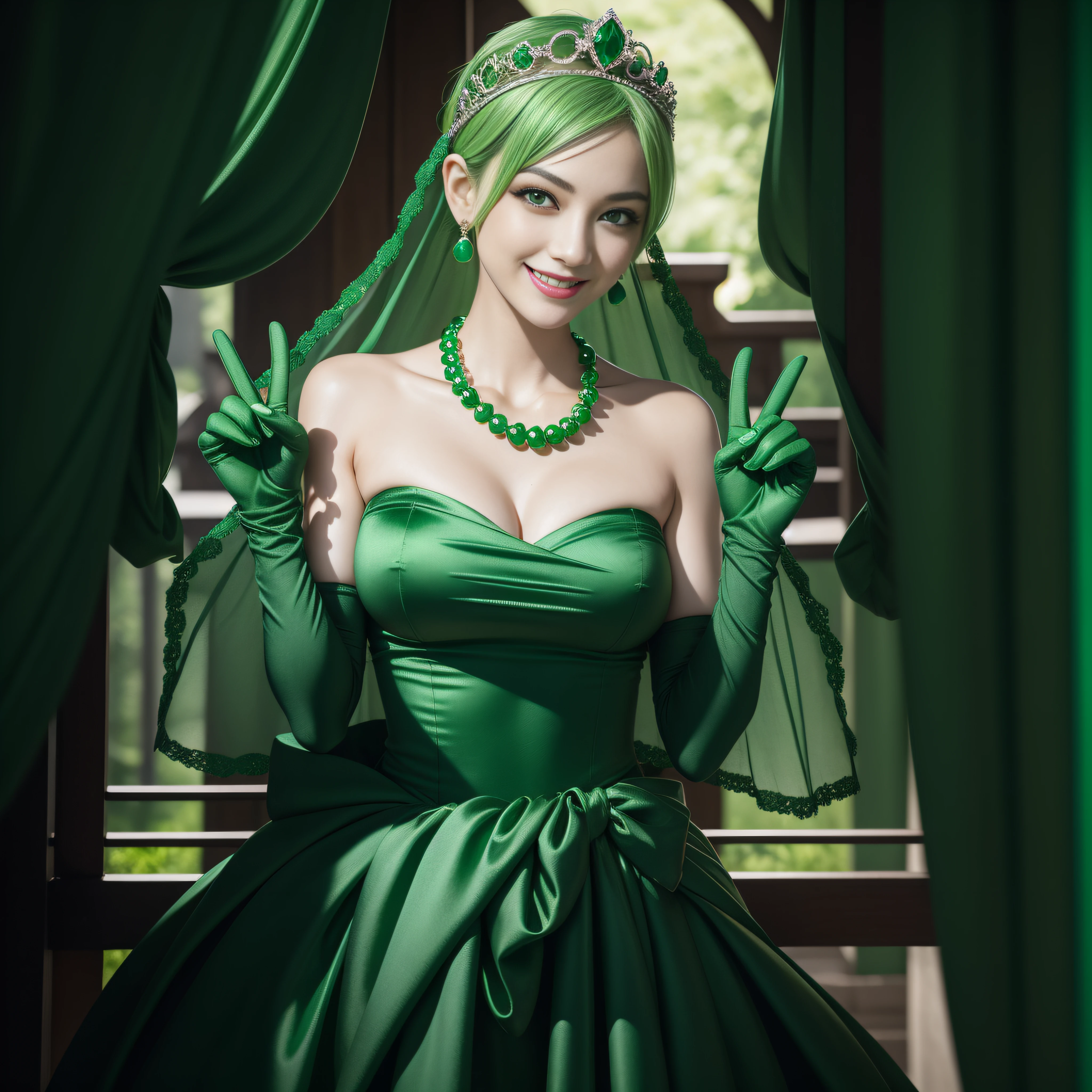 emerald tiara, Green Pearl Necklace, Boyish very short green hair, lipsticks, Japan woman smiling, very short short hair, big breasts beautiful, Green eyes, Long green gloves made of satin material, Green eyes, v sign,V-sign with both hands, Emerald Earrings, Green hair