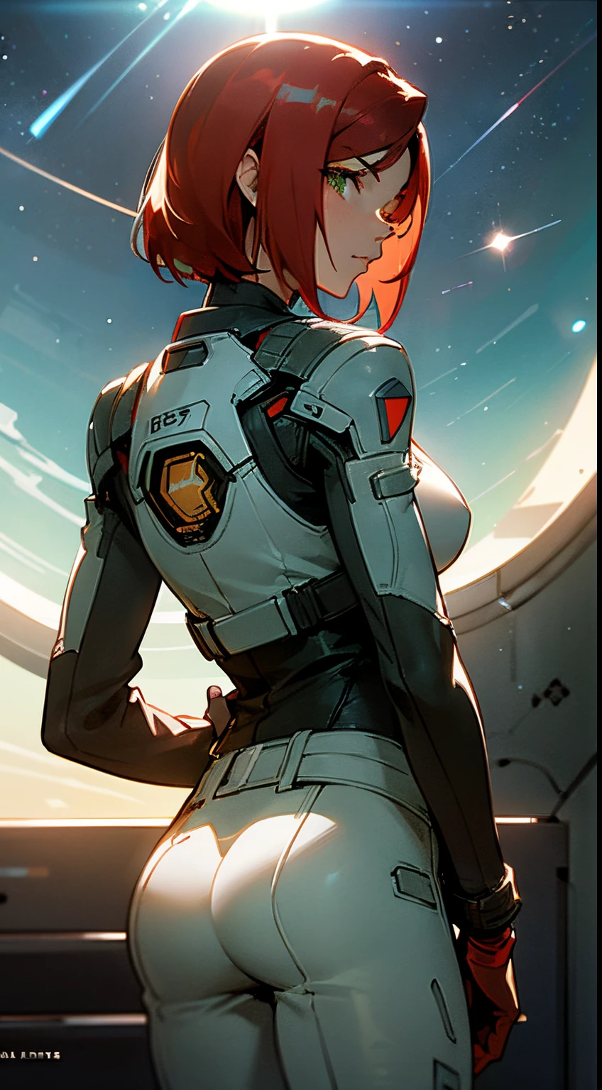 ((Best quality)), inside spacestation, looking out into space, Female shepard from mass effect series, short red hair, pale green eyes, muscular build, white tank top, leather jacket, open jacket, breast, ass, cleavage, looking away from viewer, staring out into space, stars, sun, sun flare, side shot