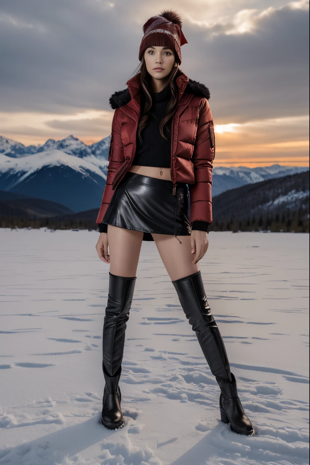 Beautiful slim woman on tight low rise mini skirt, natural pantyhose,  short red feather jacket, short jacket, black miniskirt, sensual pose, posing on a snow field with high mountains on backgroiund, front shot, slin waist, slim legs, thigh gap, red short winter jacket, brown leather boots, winter wool scart, snow, mountains, low light of sunset, high details, award winning, super detail